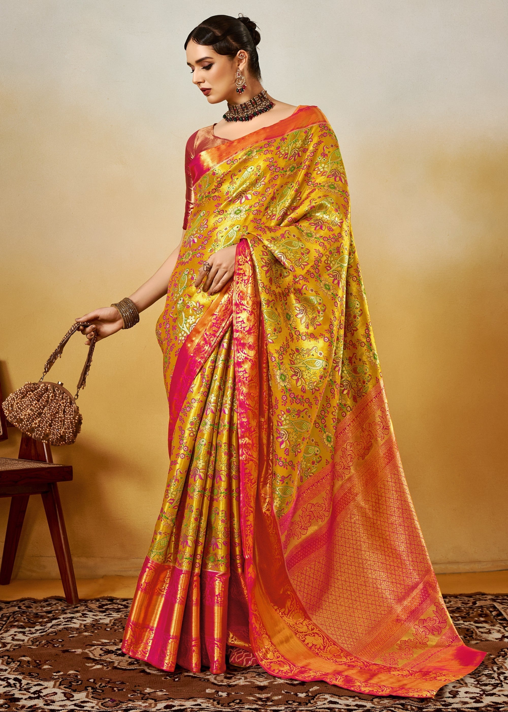Yellow and Orange Handloom Dharamavaram Silk Saree - qivii
