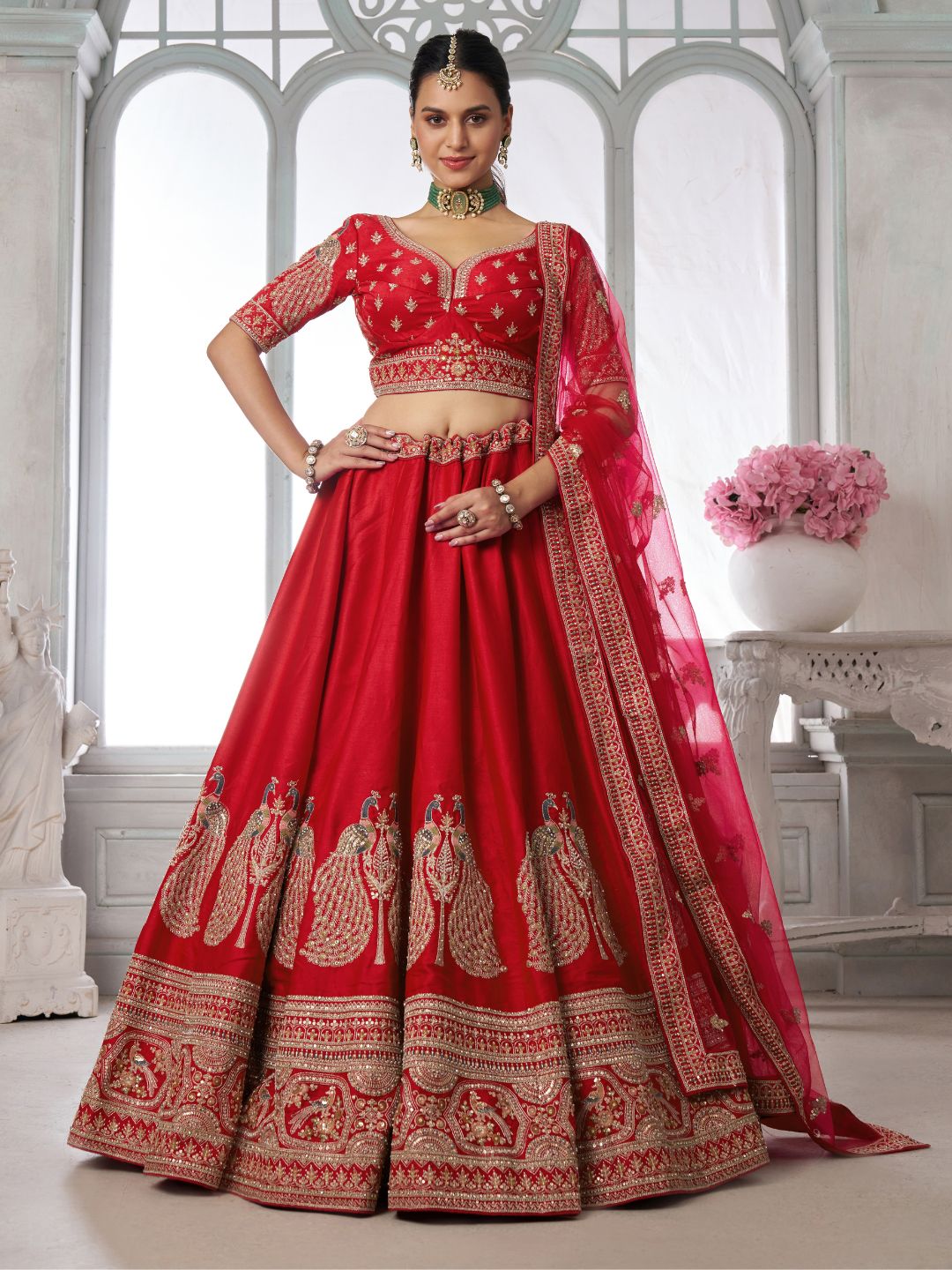 Premium Red Silk Lehenga Set with Peacock-Inspired Craftsmanship