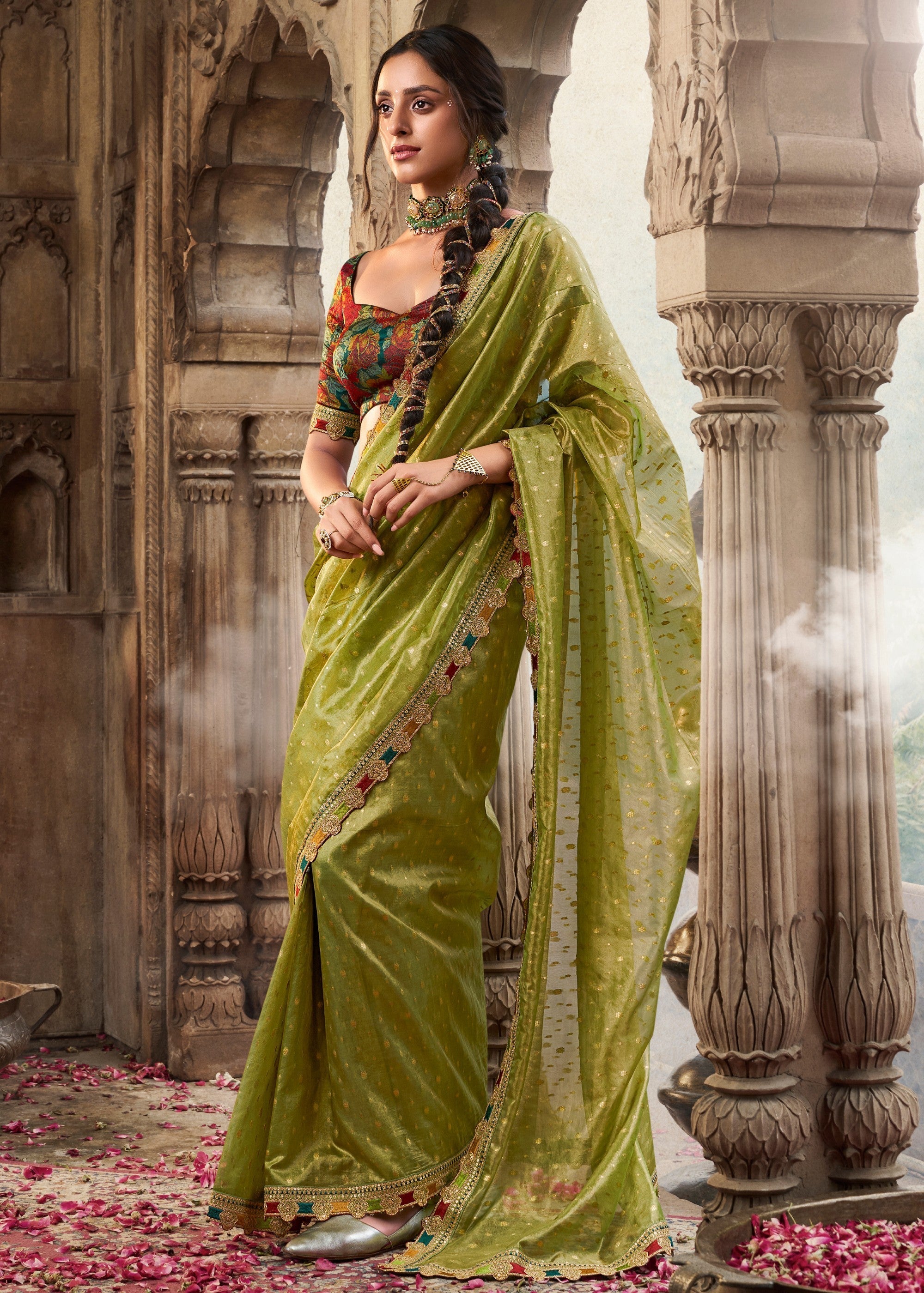 Apple Green Tissue Silk Saree With Multicolored Lace & Designer Blouse - qivii