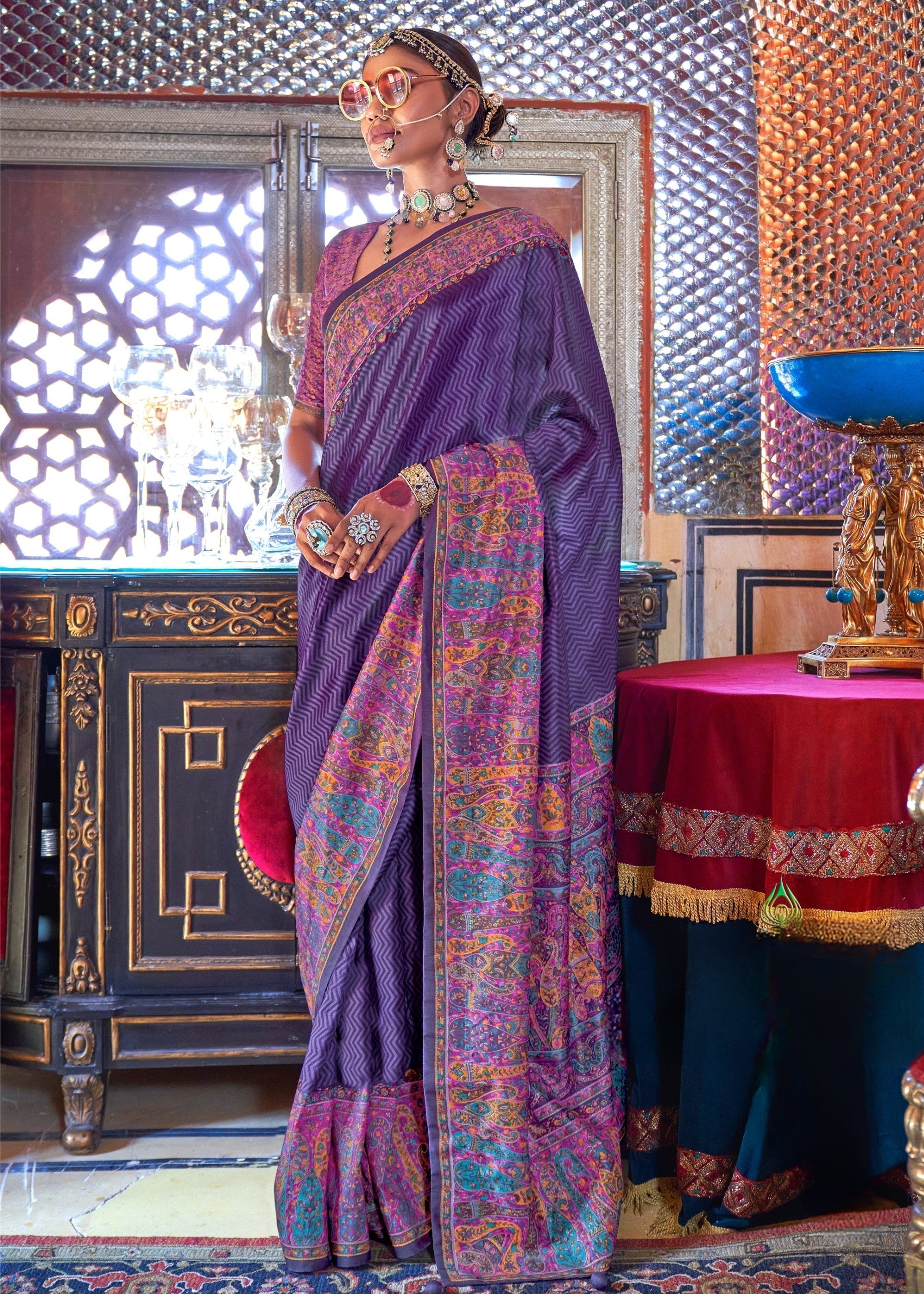 Royal purple Silk Saree With Beautiful Print - qivii