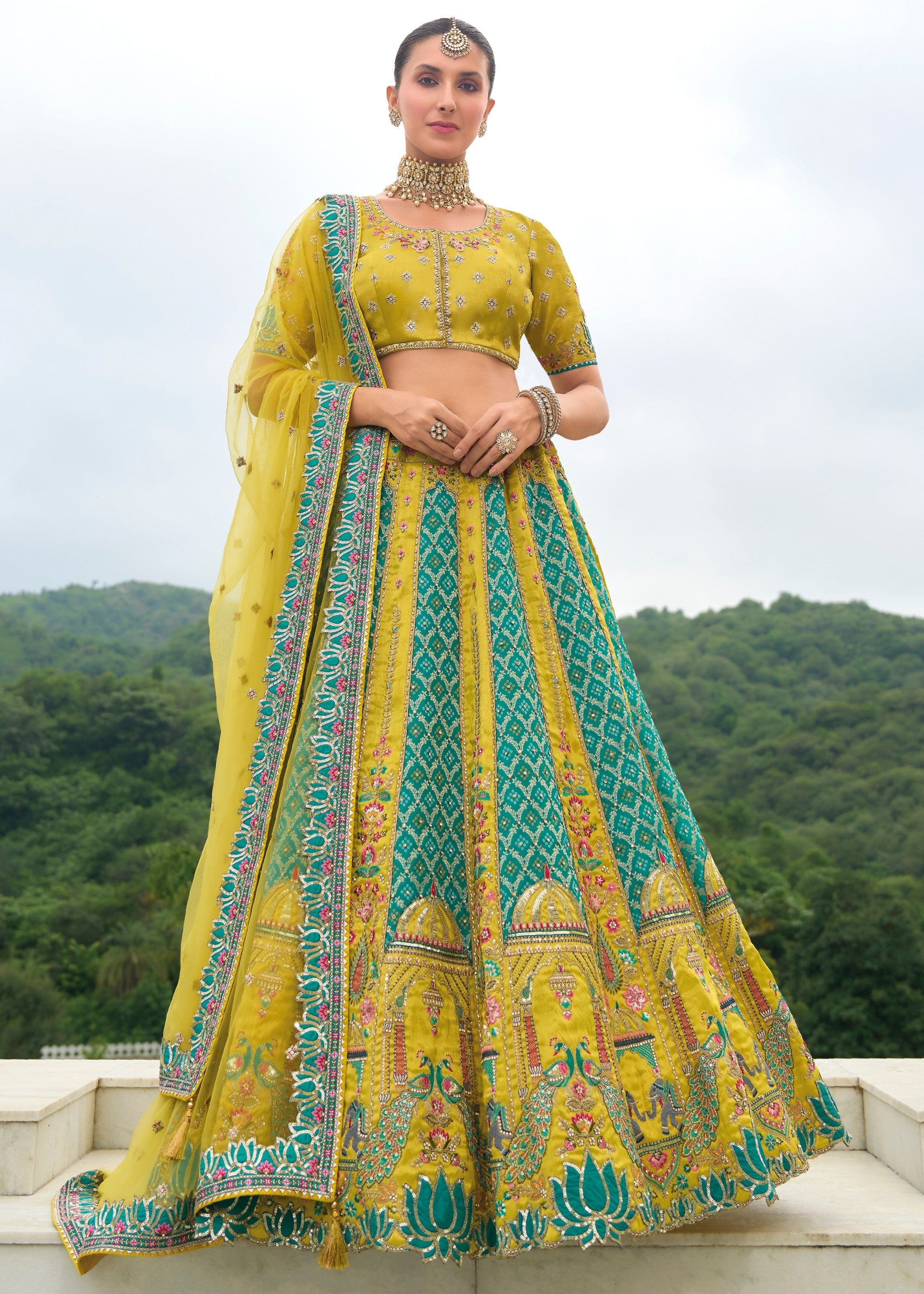 Pear Green Banarasi Silk Lehenga With Heavy Embroidery Work | Ready To Wear - qivii