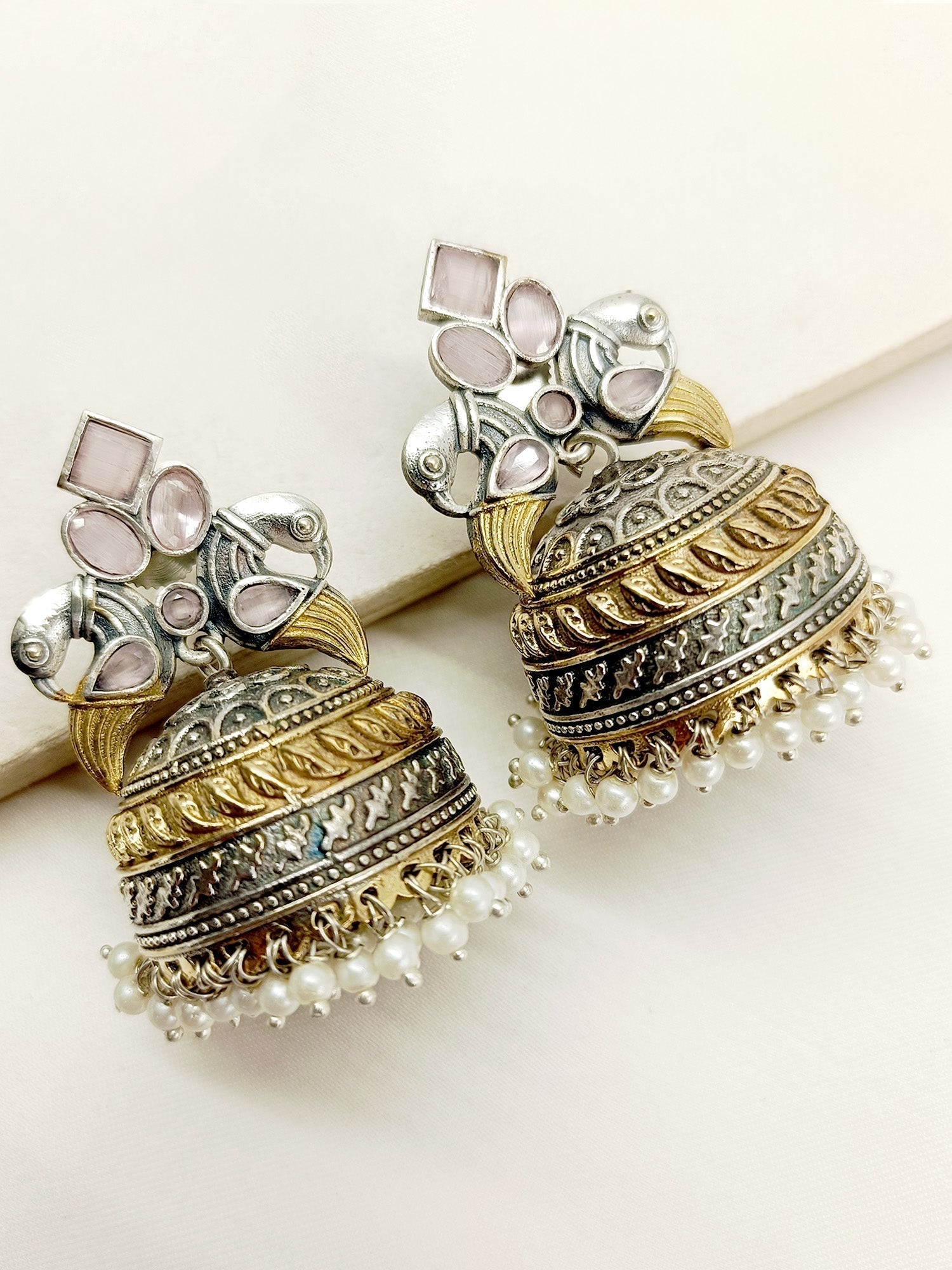 Maryam Baby Pink Peacock Oxidized Jhumki - qivii