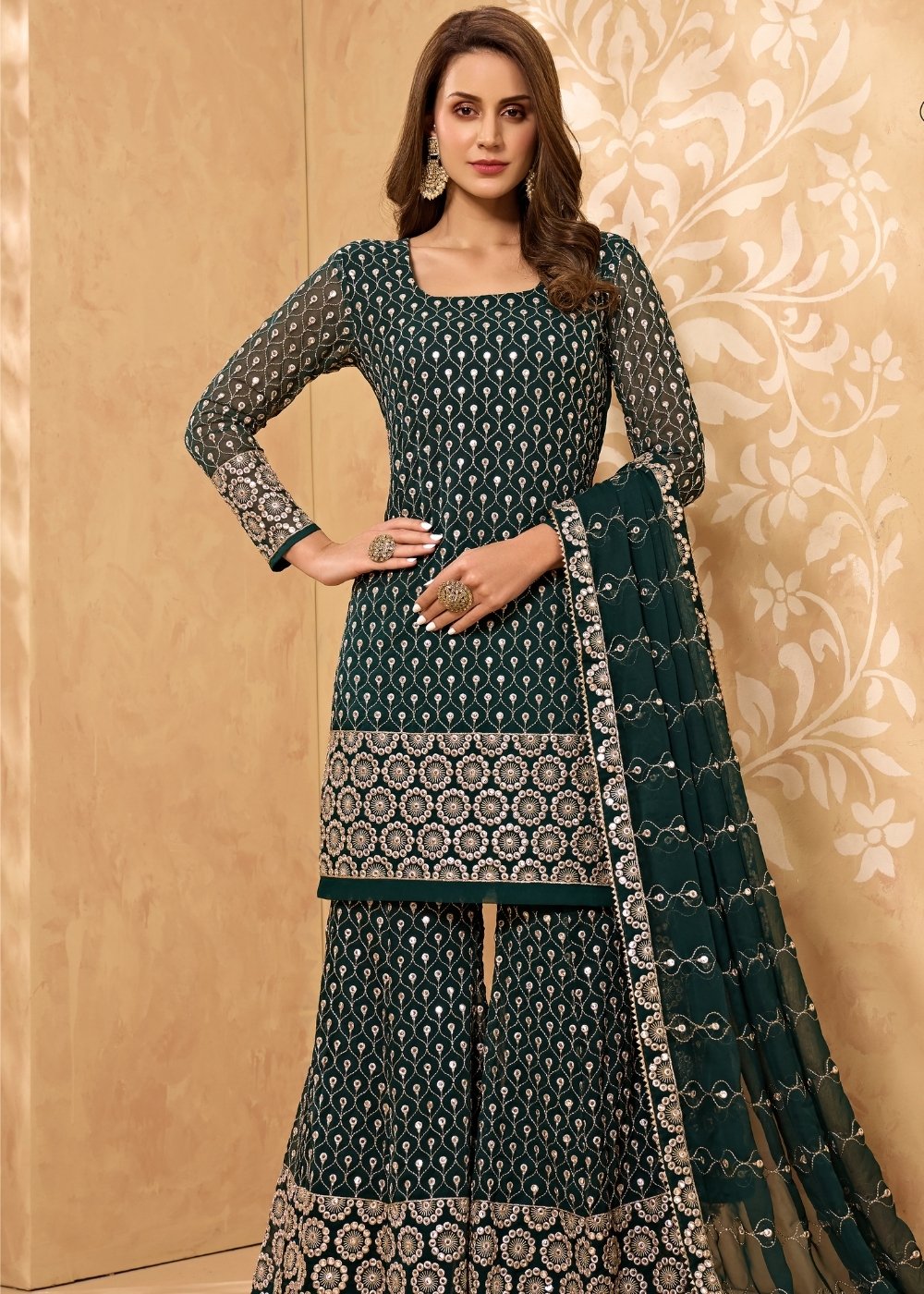 Sacramento Green Georgette Metti with Zari work Sharara Suit - qivii