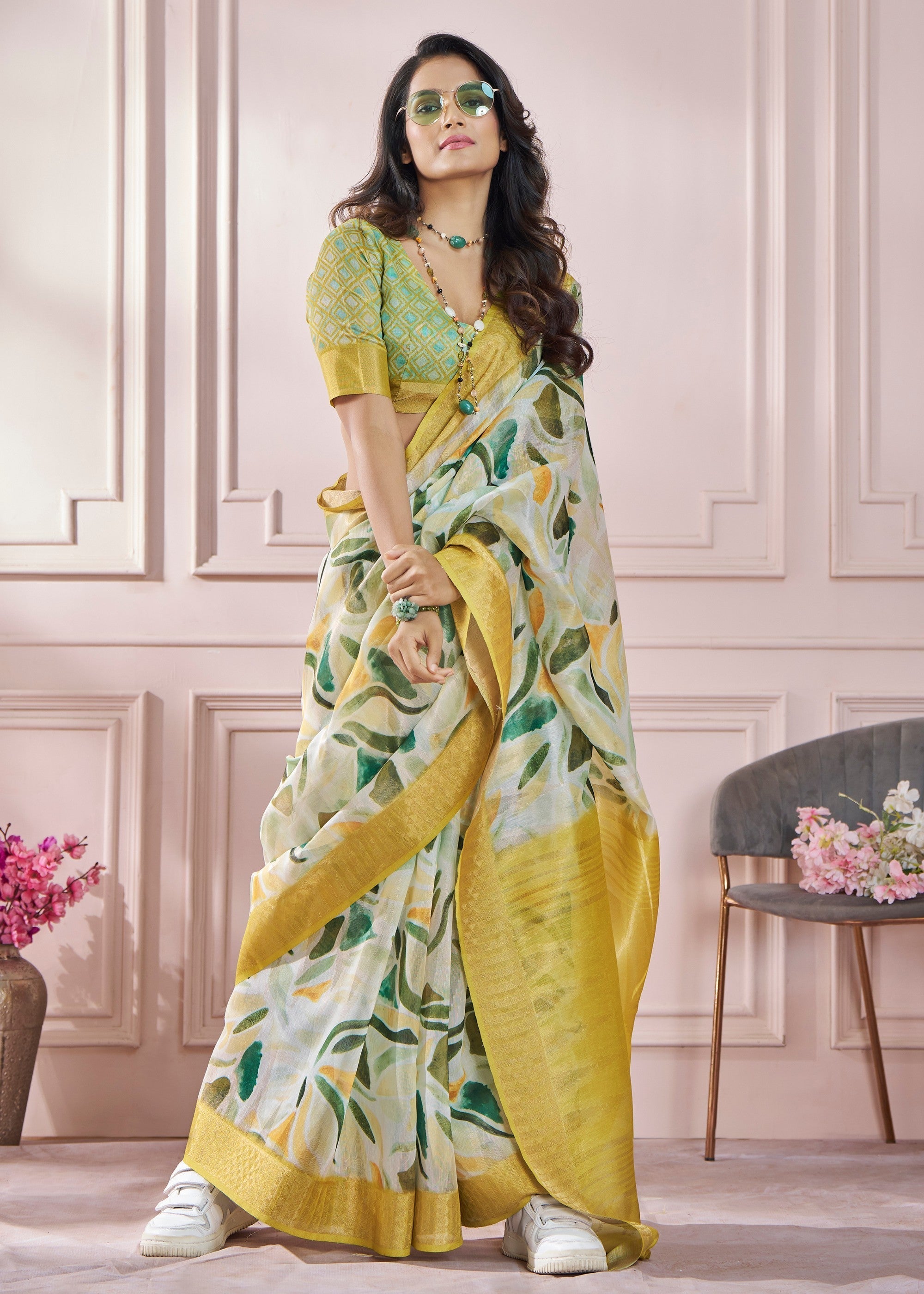 Banana Yellow Soft Zari Based Modal Silk Saree With Beautiful Colorfull Print - qivii