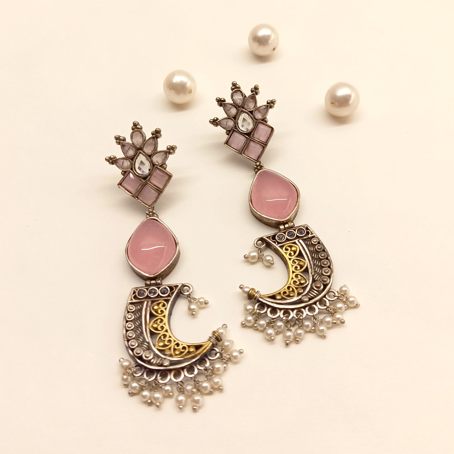 Harkhi Oxidised Silver Golden Pink Green Stoned Earrings - qivii