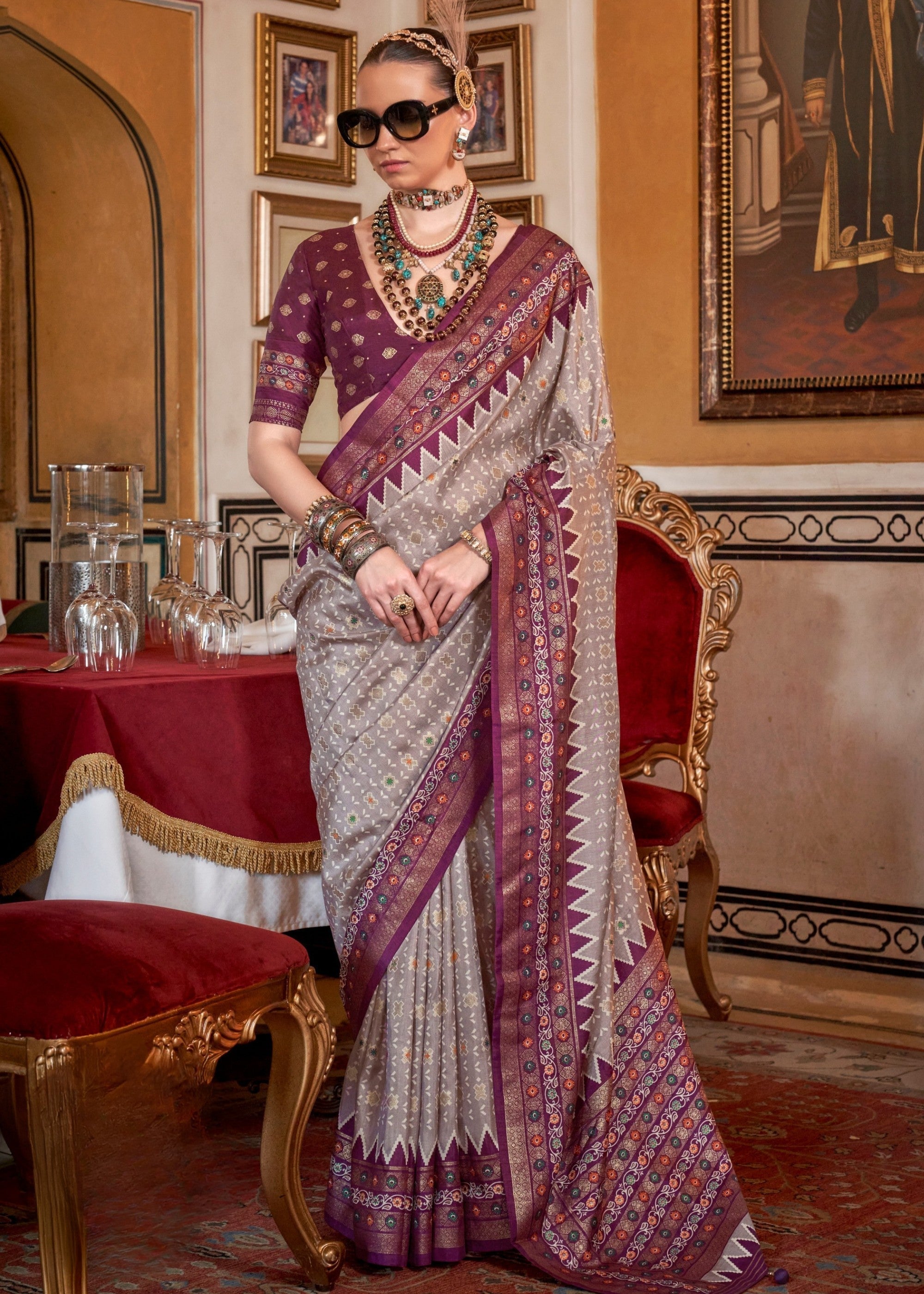 Misty Grey Silk Saree With Traditional Classic Design - qivii