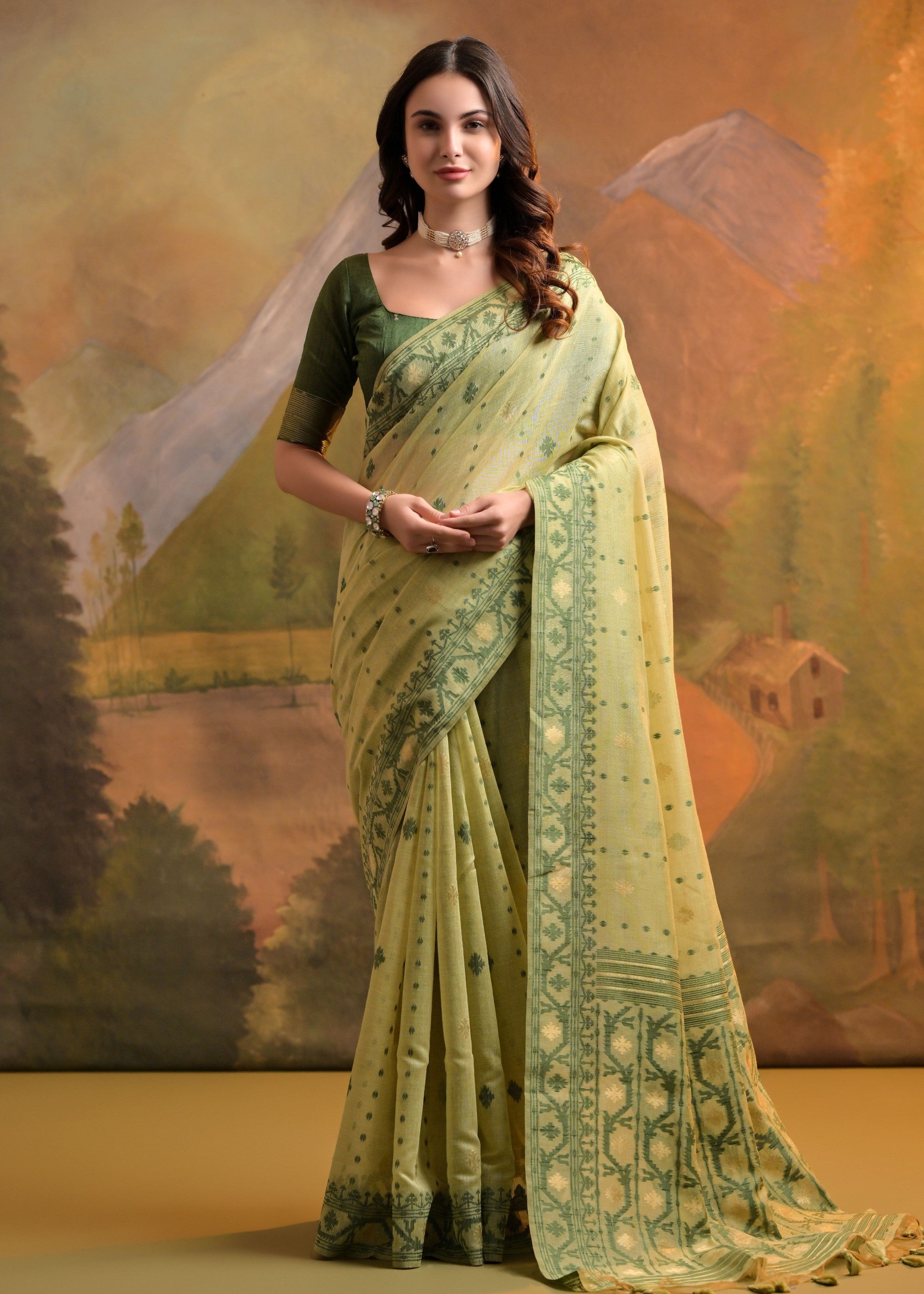 Light Green Thread Woven Cotton Saree With All Over Butti - qivii