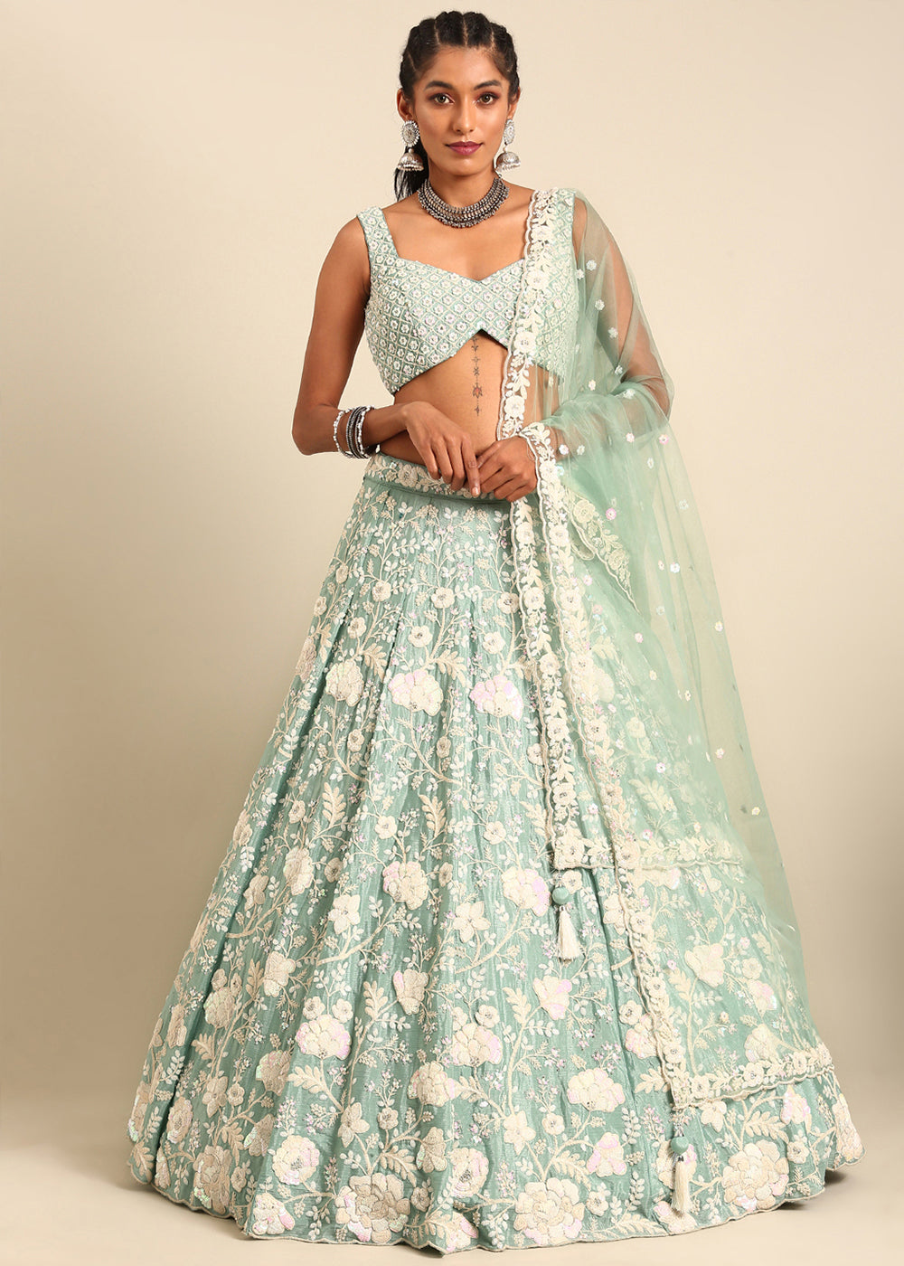 Emerald Green Georgette lehenga Choli with Sequins & Zarkan Embroidery | Ready To Wear - qivii