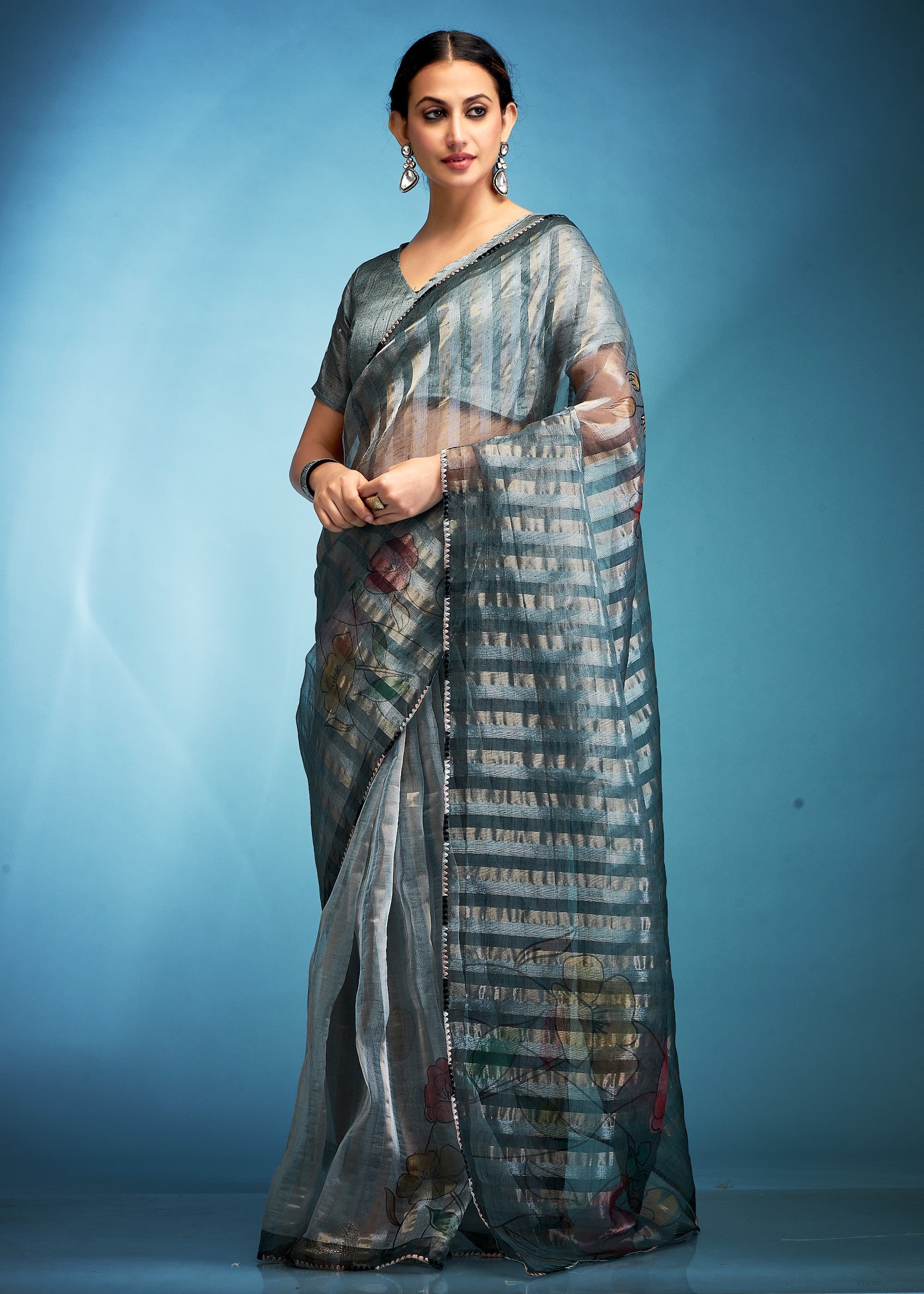 Iron Grey Tissue Silk Saree With Floral Print - qivii