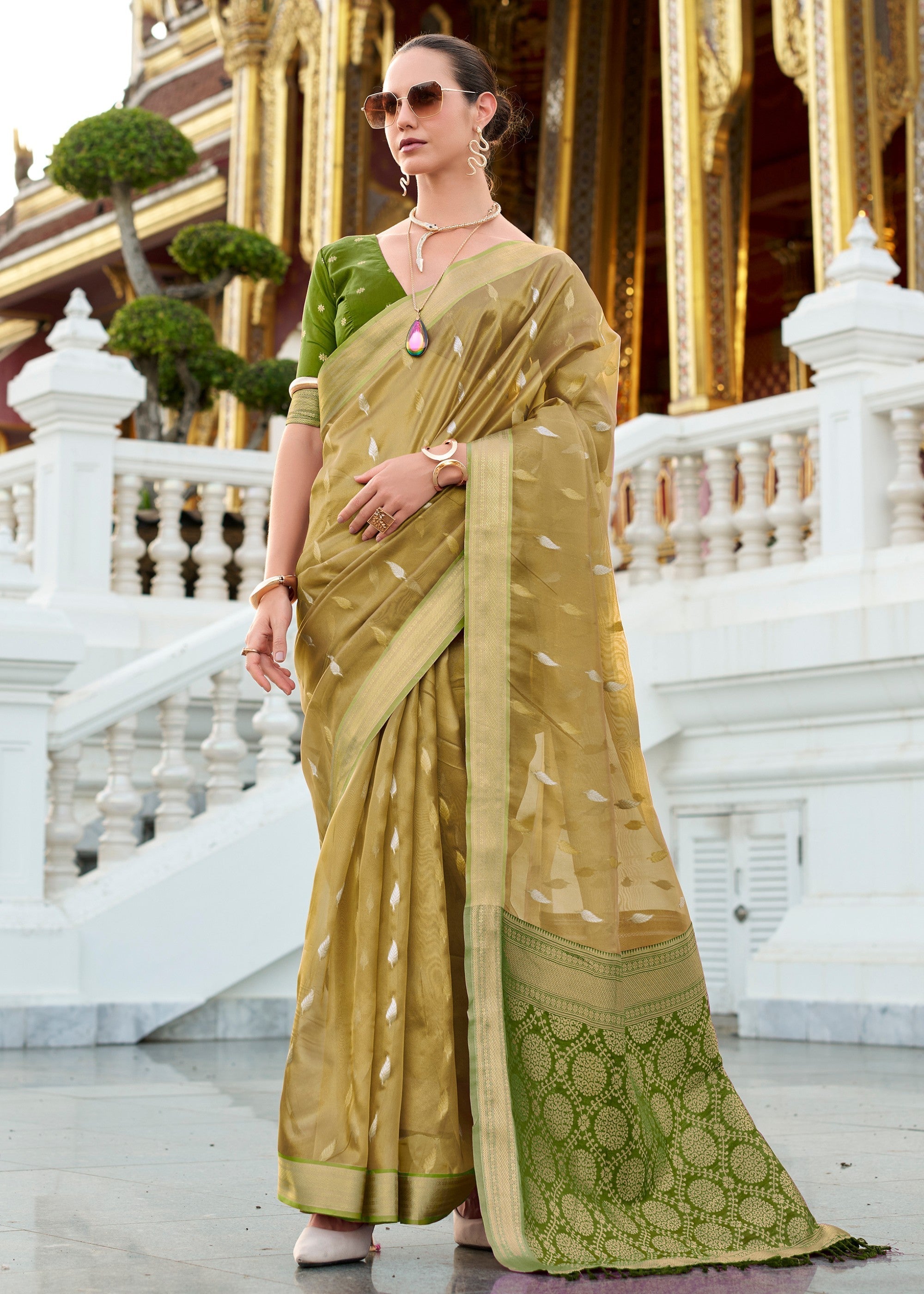 Mehendi Green Tissue Silk Saree With Zari Weaving And Contrast Blouse - qivii