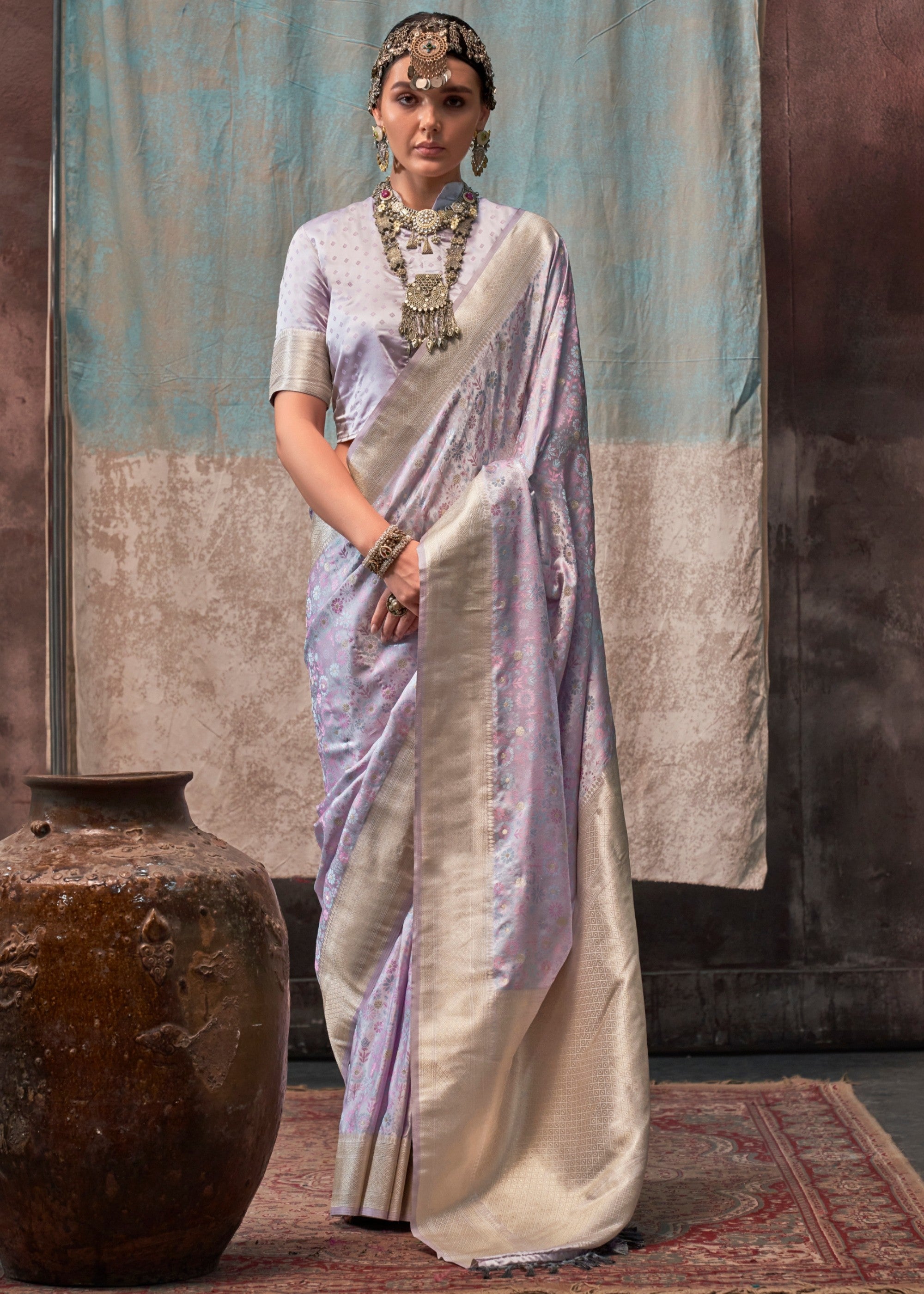 Lavender Pure Satin Handloom Weaving Silk Sarees - qivii