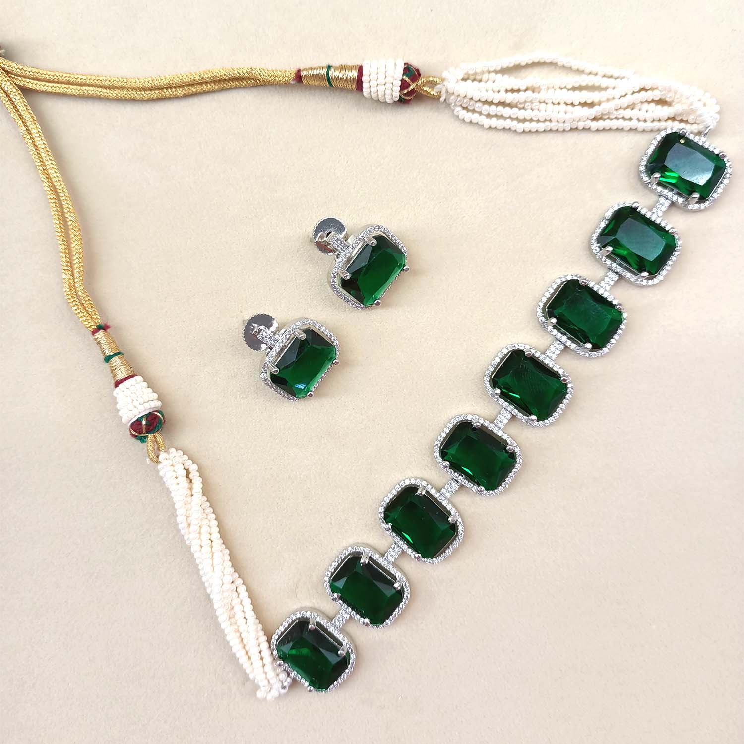 Ruqayyah Green Emerald Diamond Necklace Set - qivii