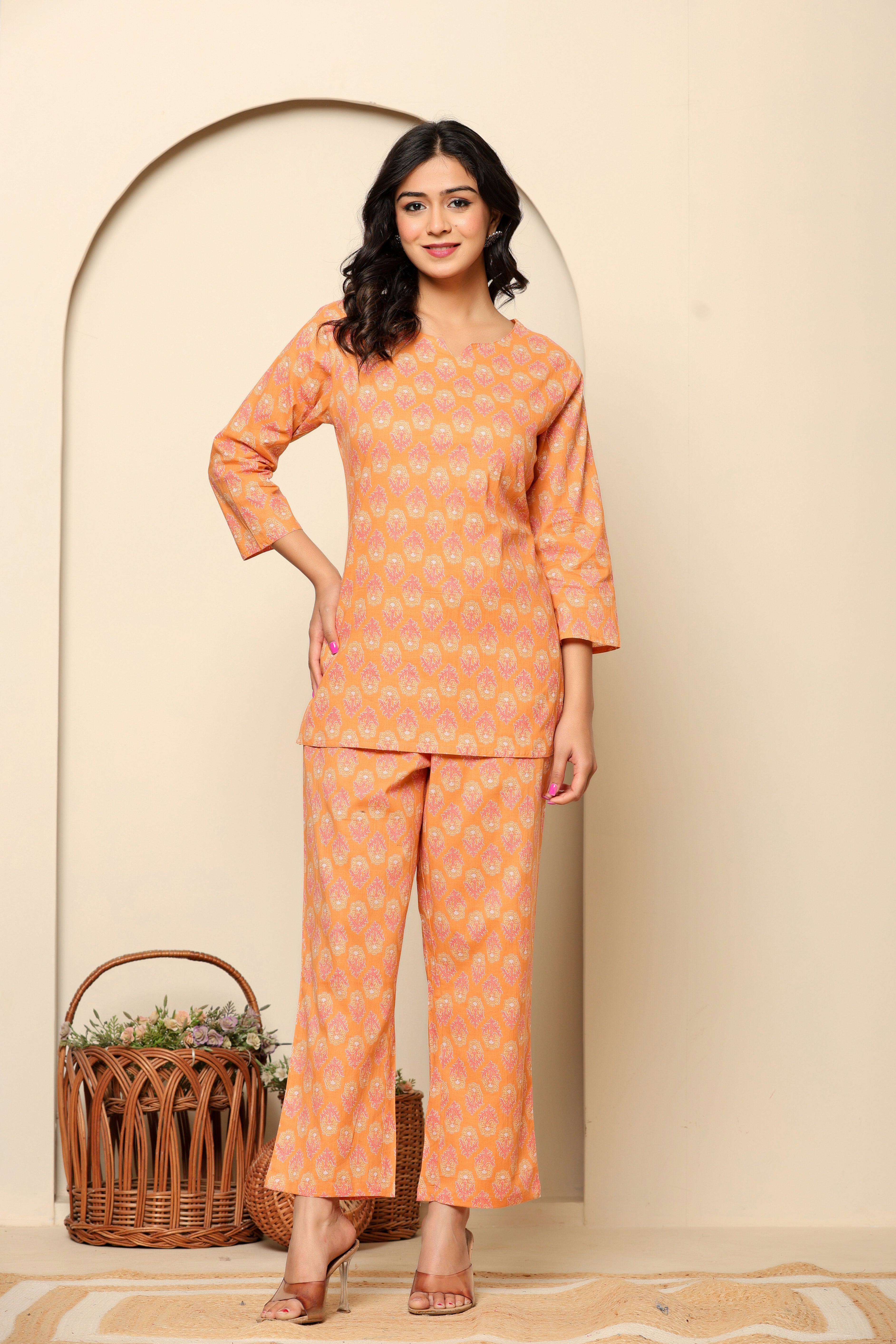 Peach Printed Cotton Co- Ord Set - qivii