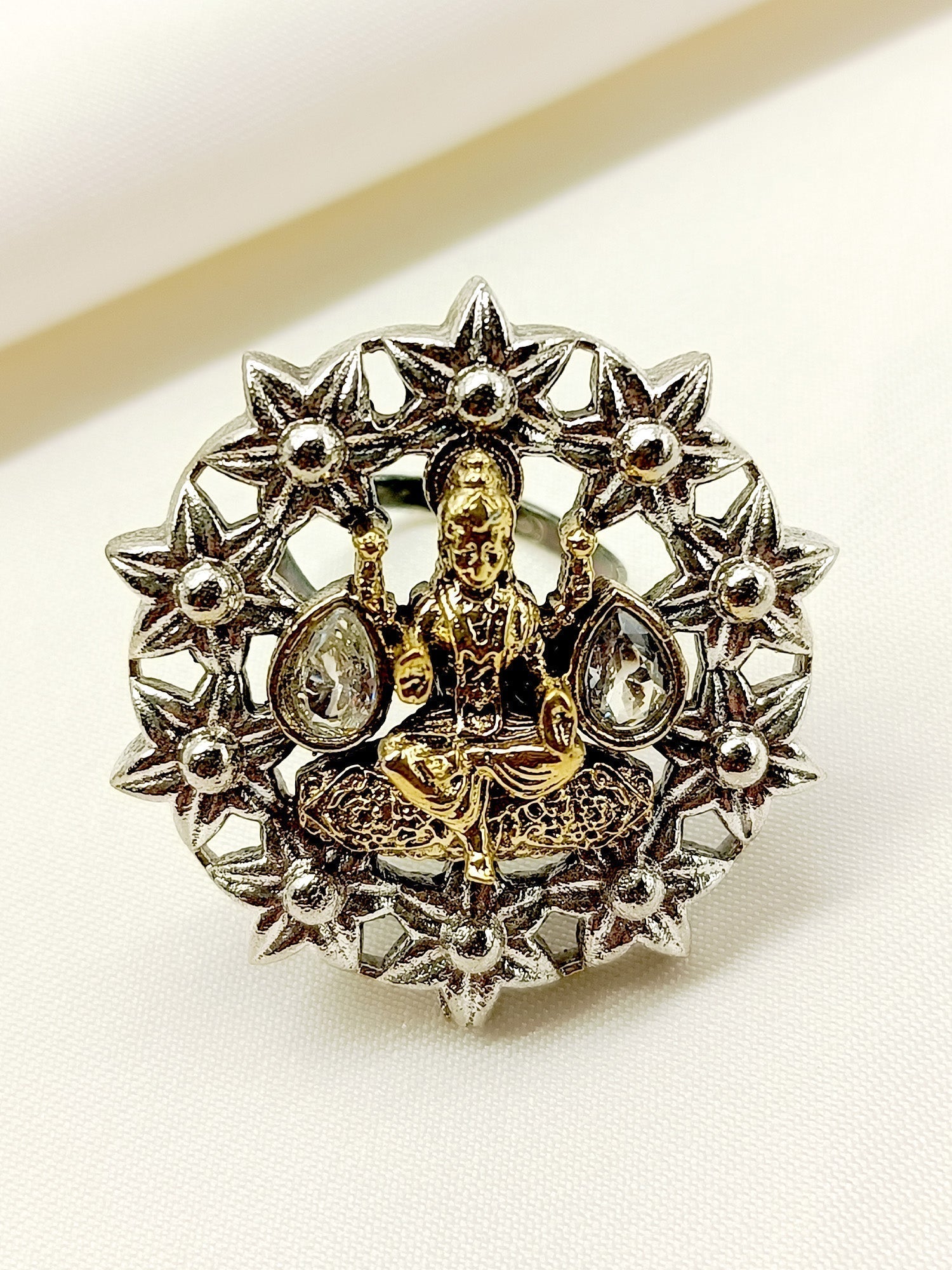 Brahmni White Laxmi Ji Oxidized Finger Ring - qivii