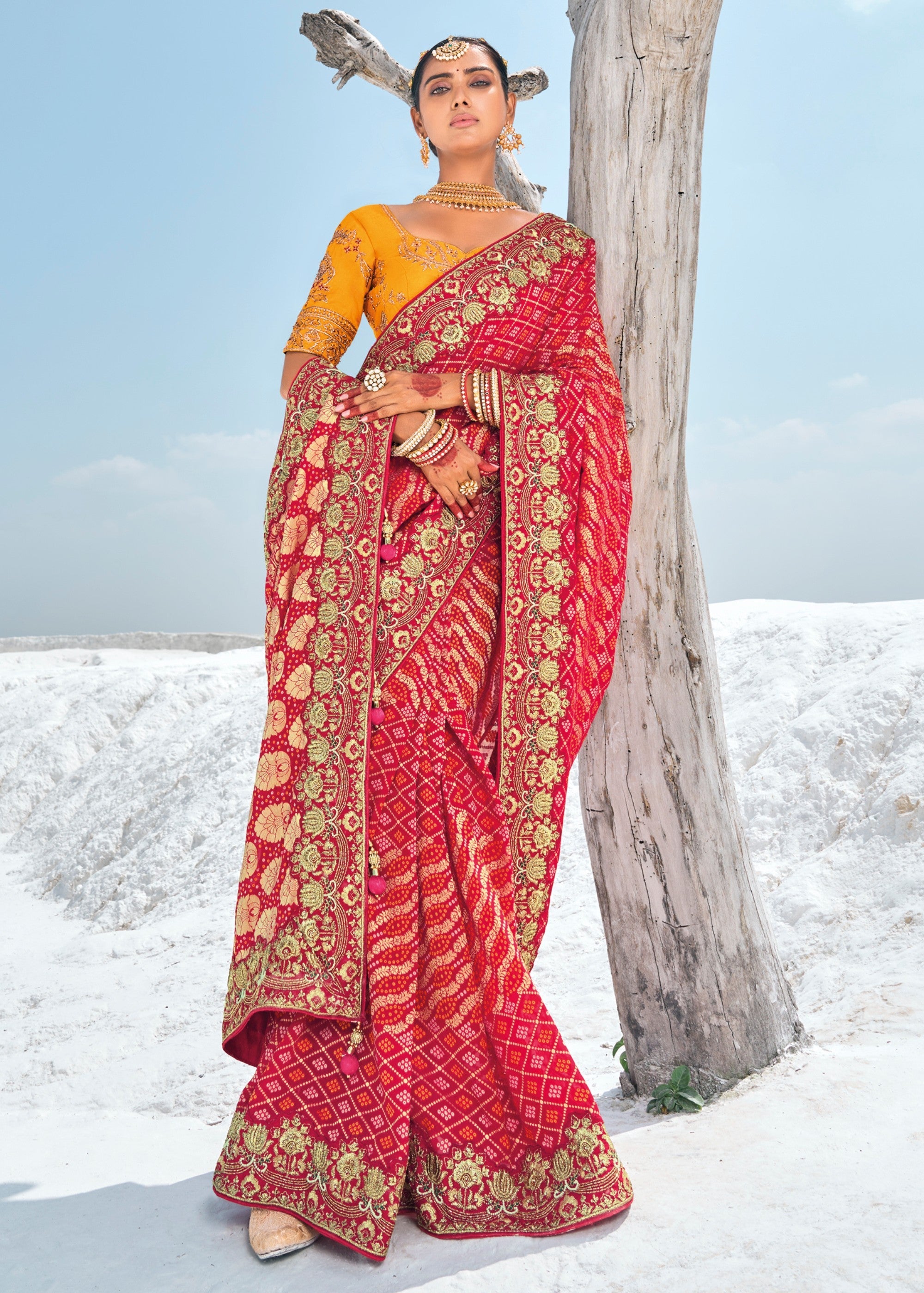 Cherry Red Pure Georgette Bandhani Patola With Zari Weaving Heavy Work Saree - qivii