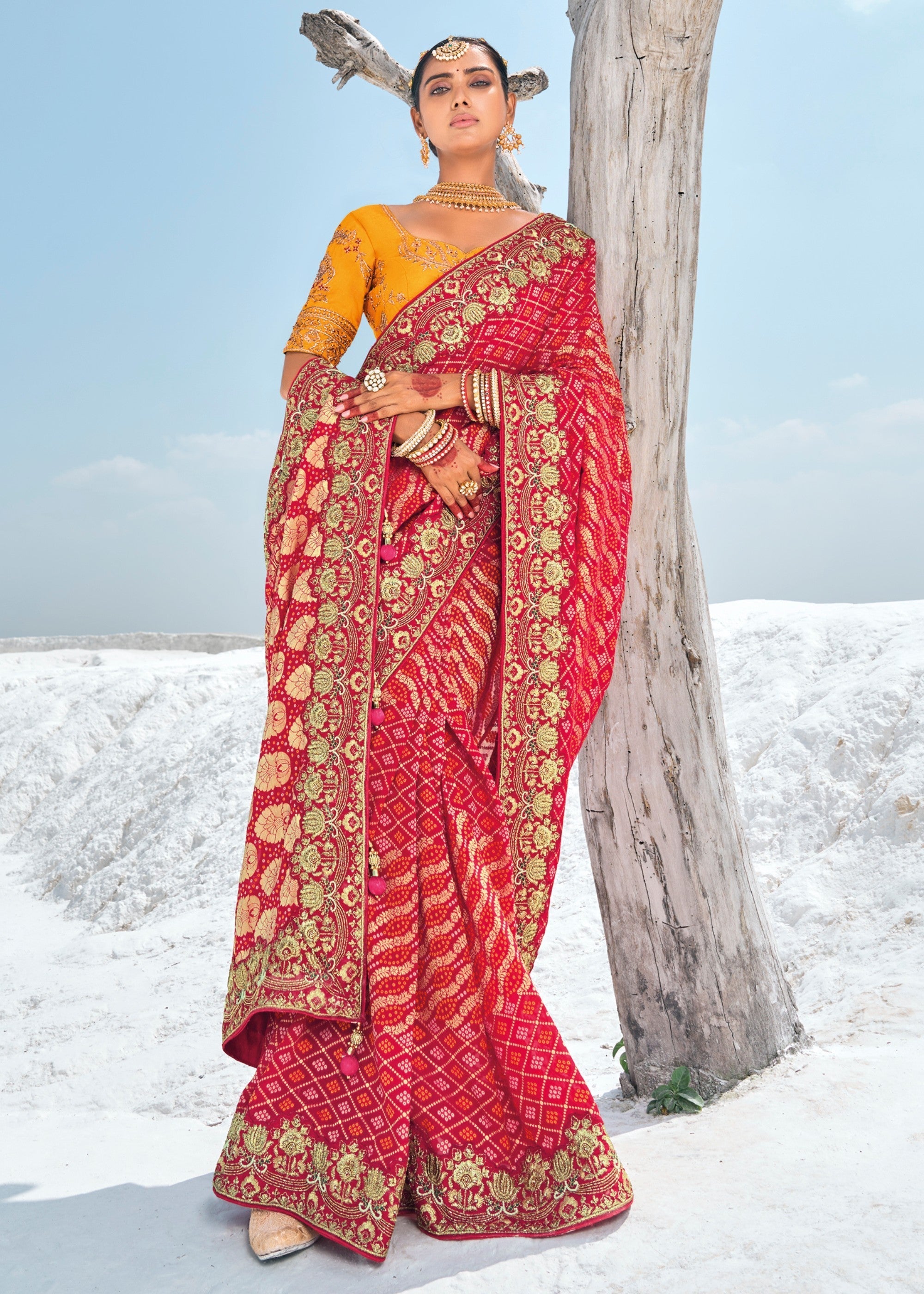 Cherry Red Pure Georgette Bandhani Patola With Zari Weaving Heavy Work Saree - qivii