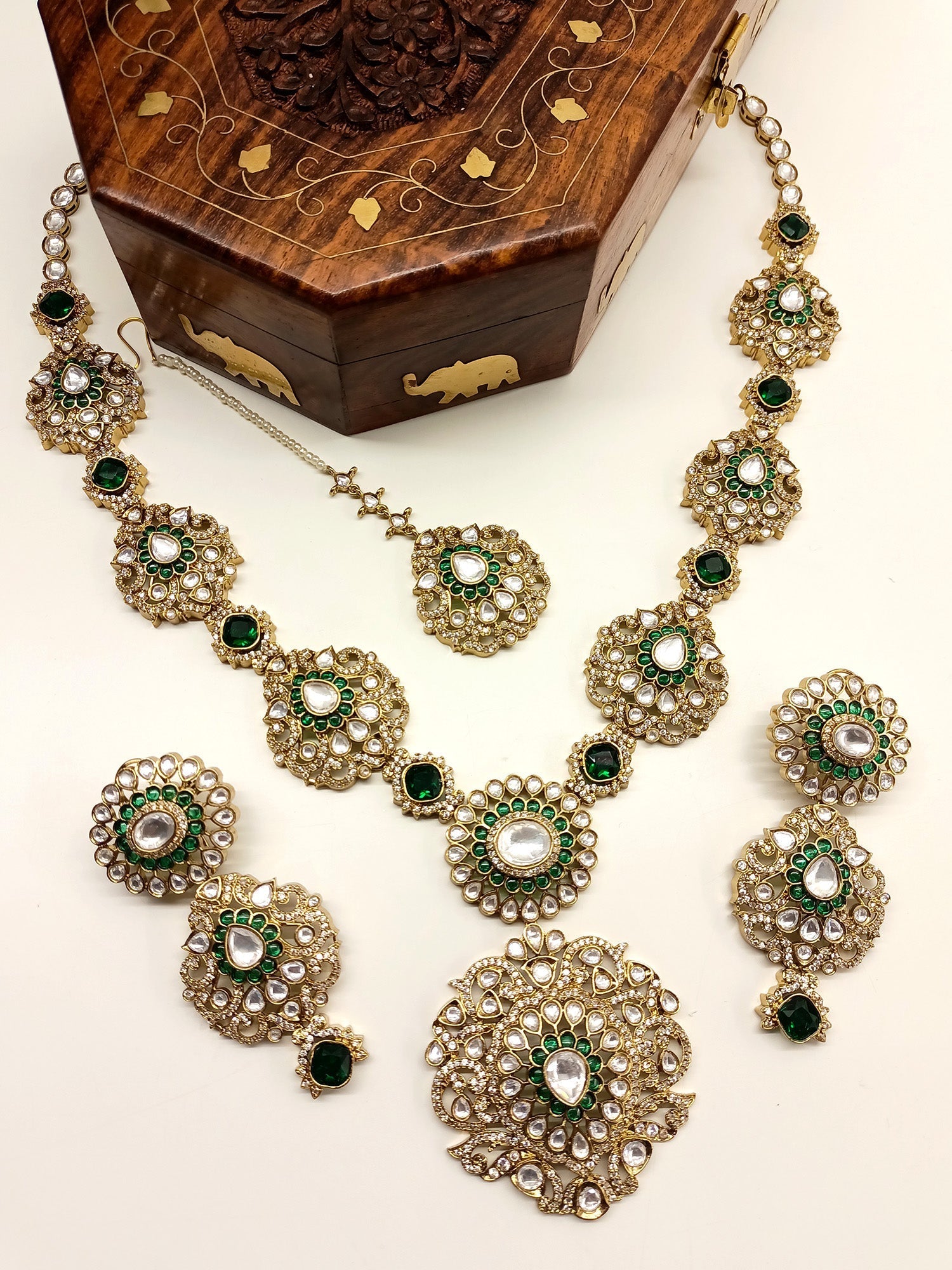 Roma Green Kundan Polki long Necklace Set - qivii