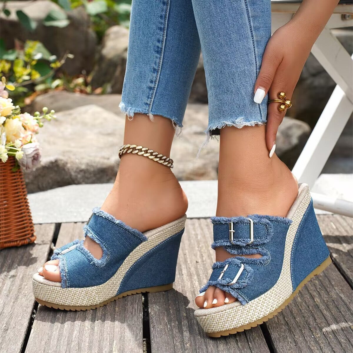 Women’s Denira Denim Peep-Toe Wedge Slide Sandals – Buckle Strap Platform Chic Summer Slides (US 5–10.5)