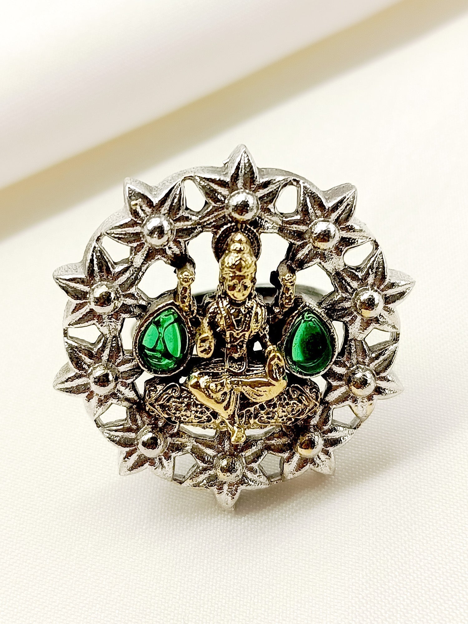 Anjana Green Laxmi Ji Oxidized Finger Ring - qivii