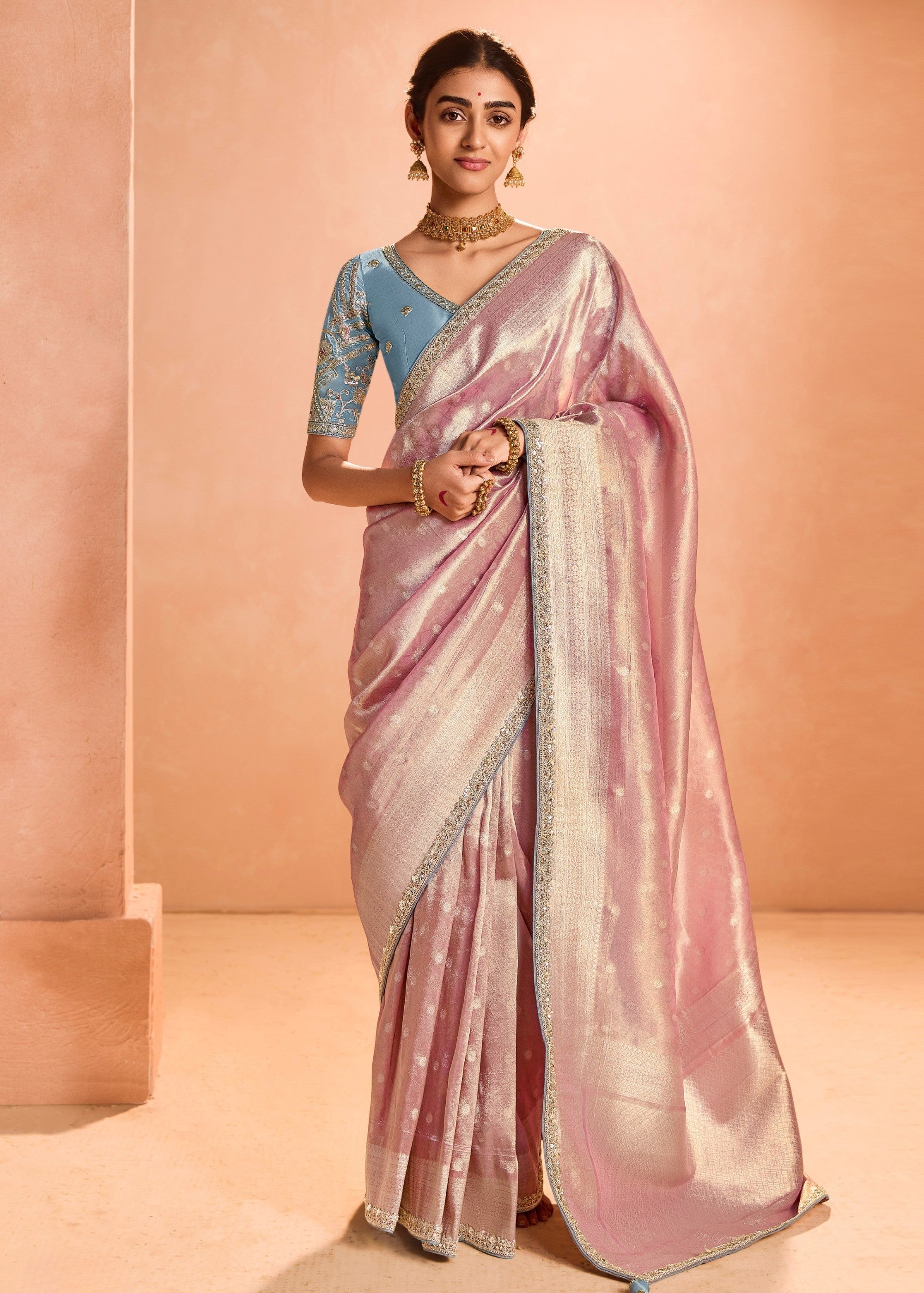 Blush Pink Zari Tissue Silk Saree With Weaving Work And Heavy Embroidery Lace : Top Pick - qivii