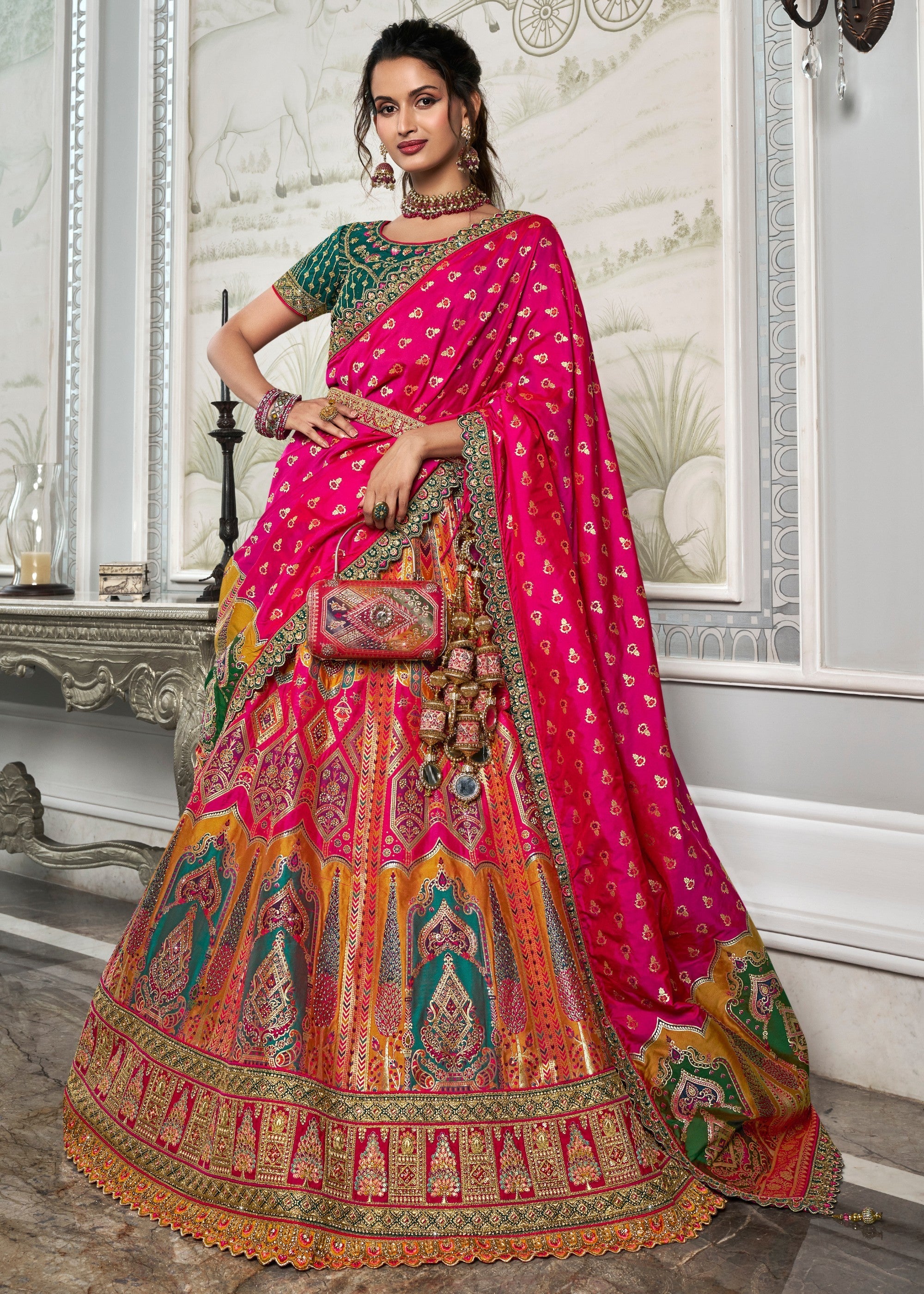 Hot Pink & Green Banarasi Silk Lehenga with Zarkan Codding work | Ready To Wear - qivii