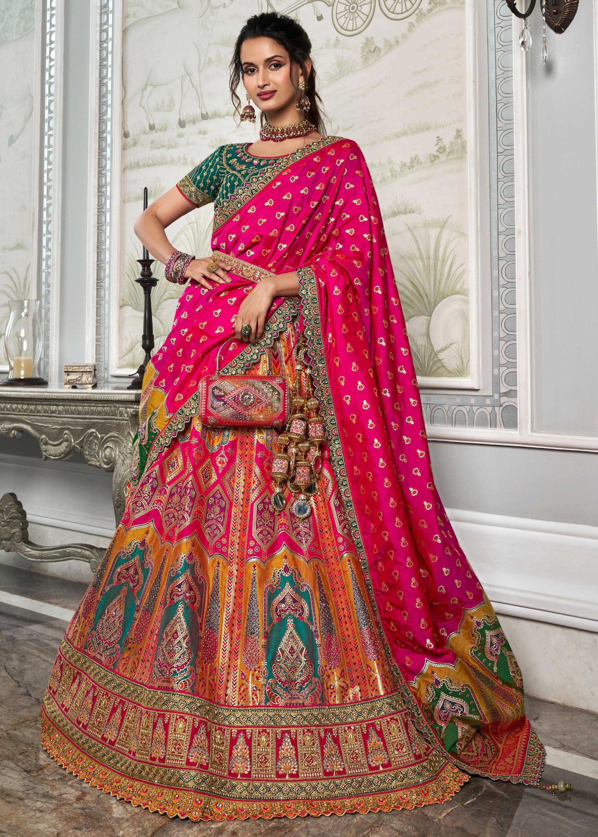 Hot Pink & Green Banarasi Silk Lehenga with Zarkan Codding work | Ready To Wear - qivii
