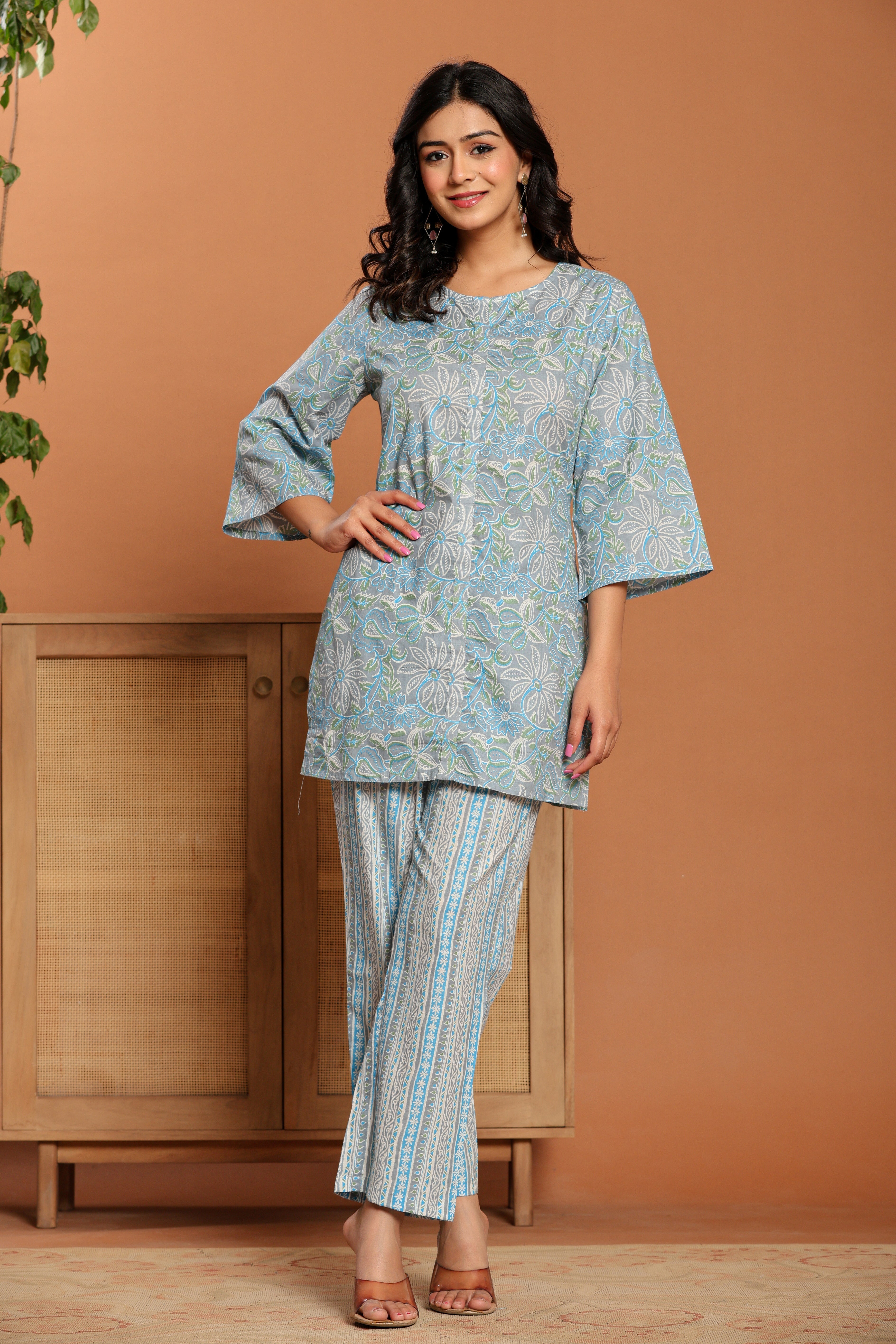 Blue Printed Cotton Coord Set - qivii