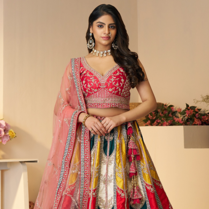 Vibrant Multicolor Zari Work Lehenga – Perfect Bridal & Haldi Lehenga - qivii