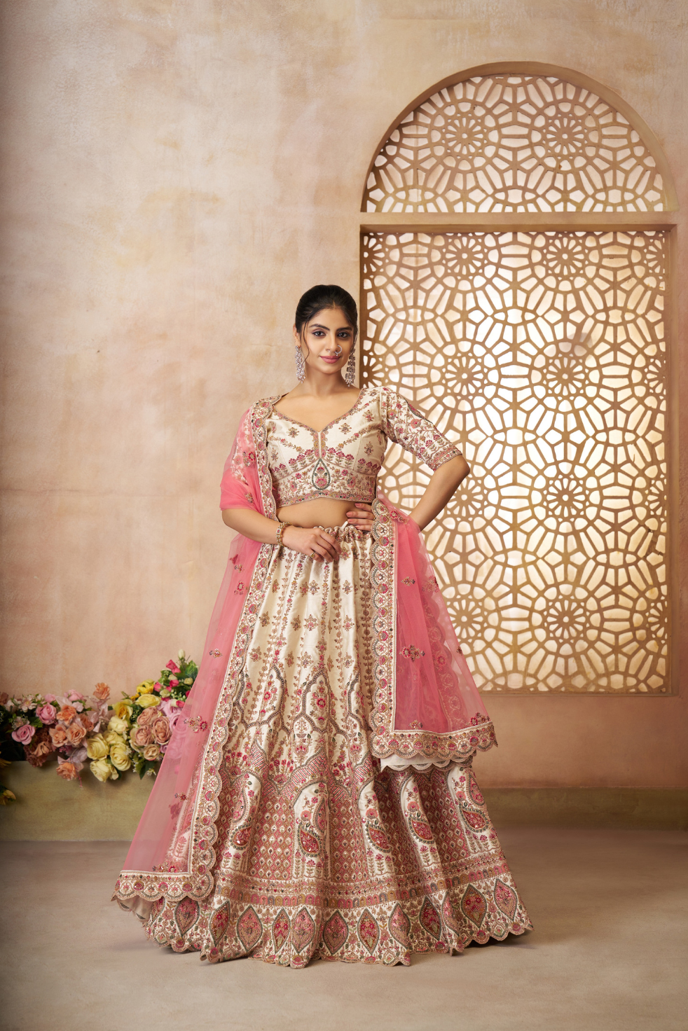 Whimsical White Imperial Patterned Bridal Lehenga - qivii