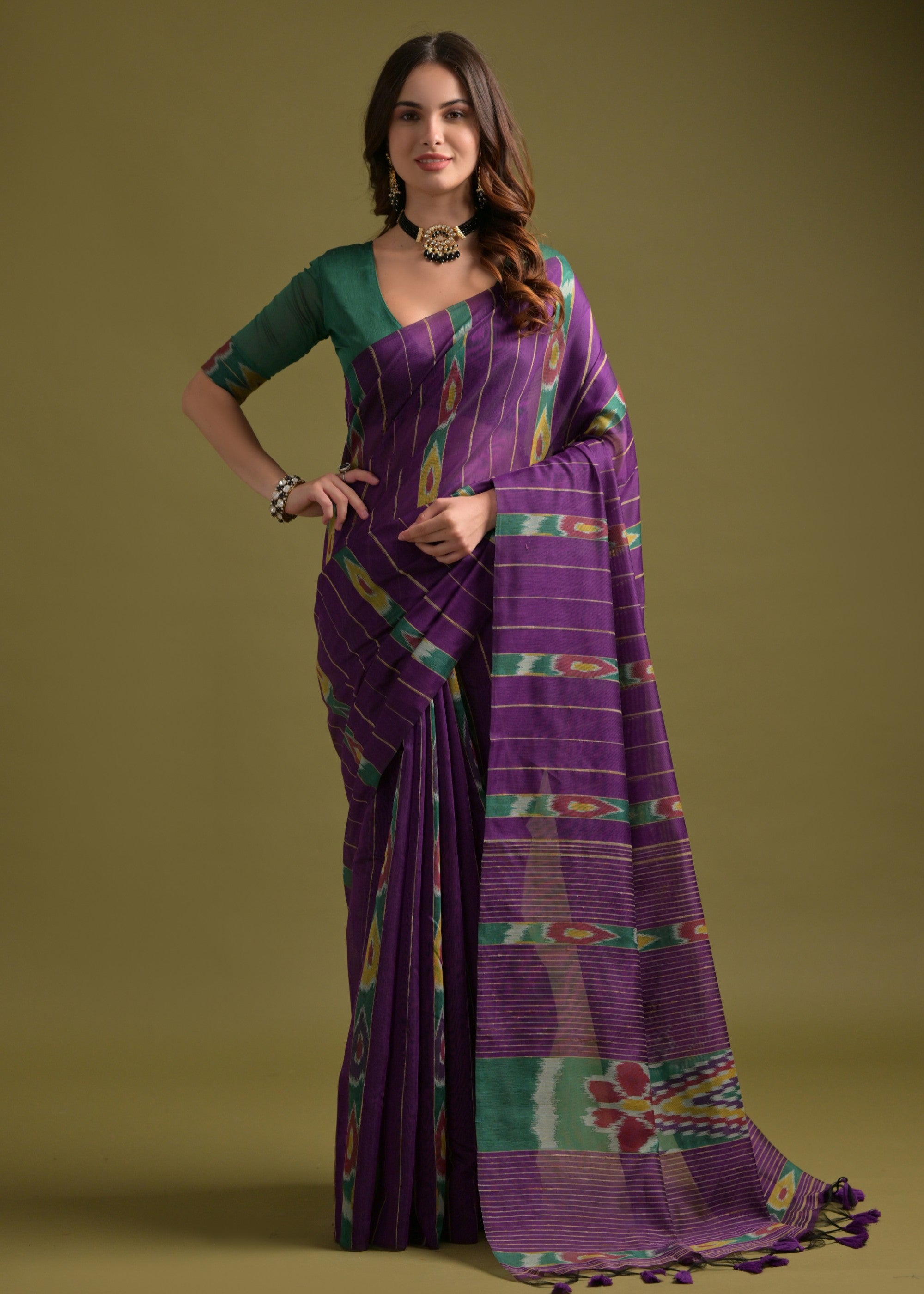 True Purple Soft Ikkat Cotton Printed Saree - qivii