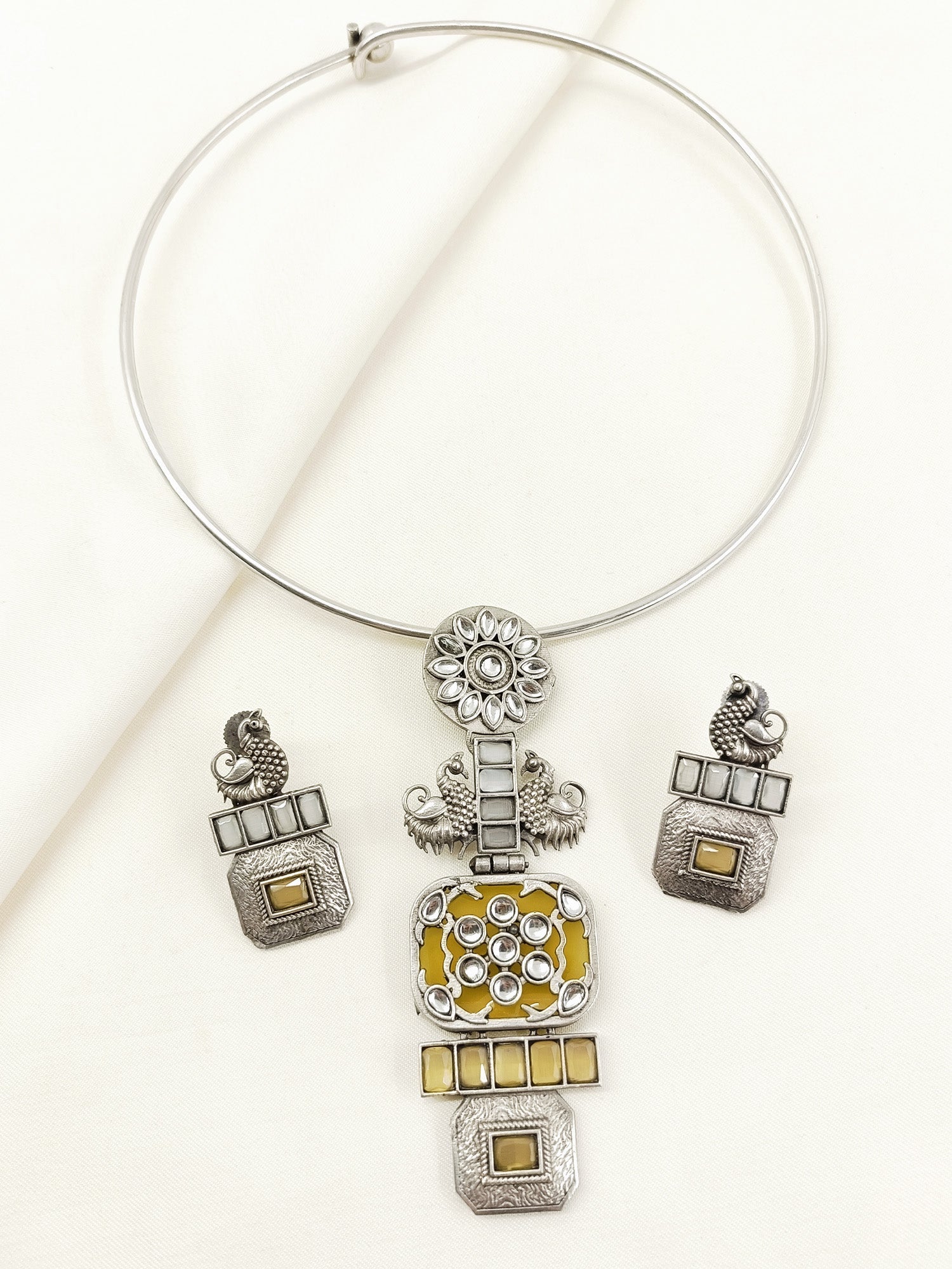 Tula Yellow Oxidized Hasli Style Necklace Set