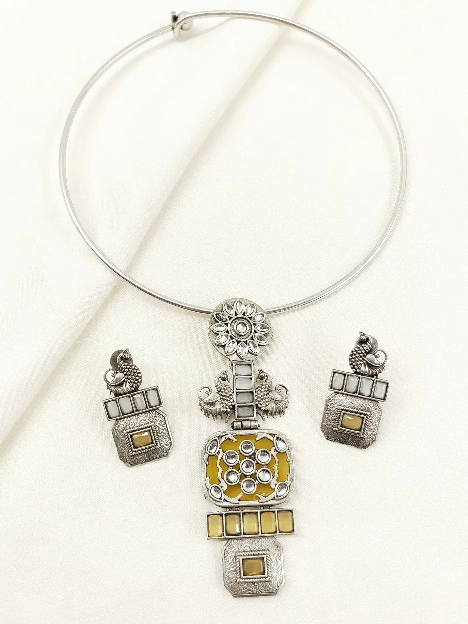 Tula Yellow Oxidized Hasli Style Necklace Set