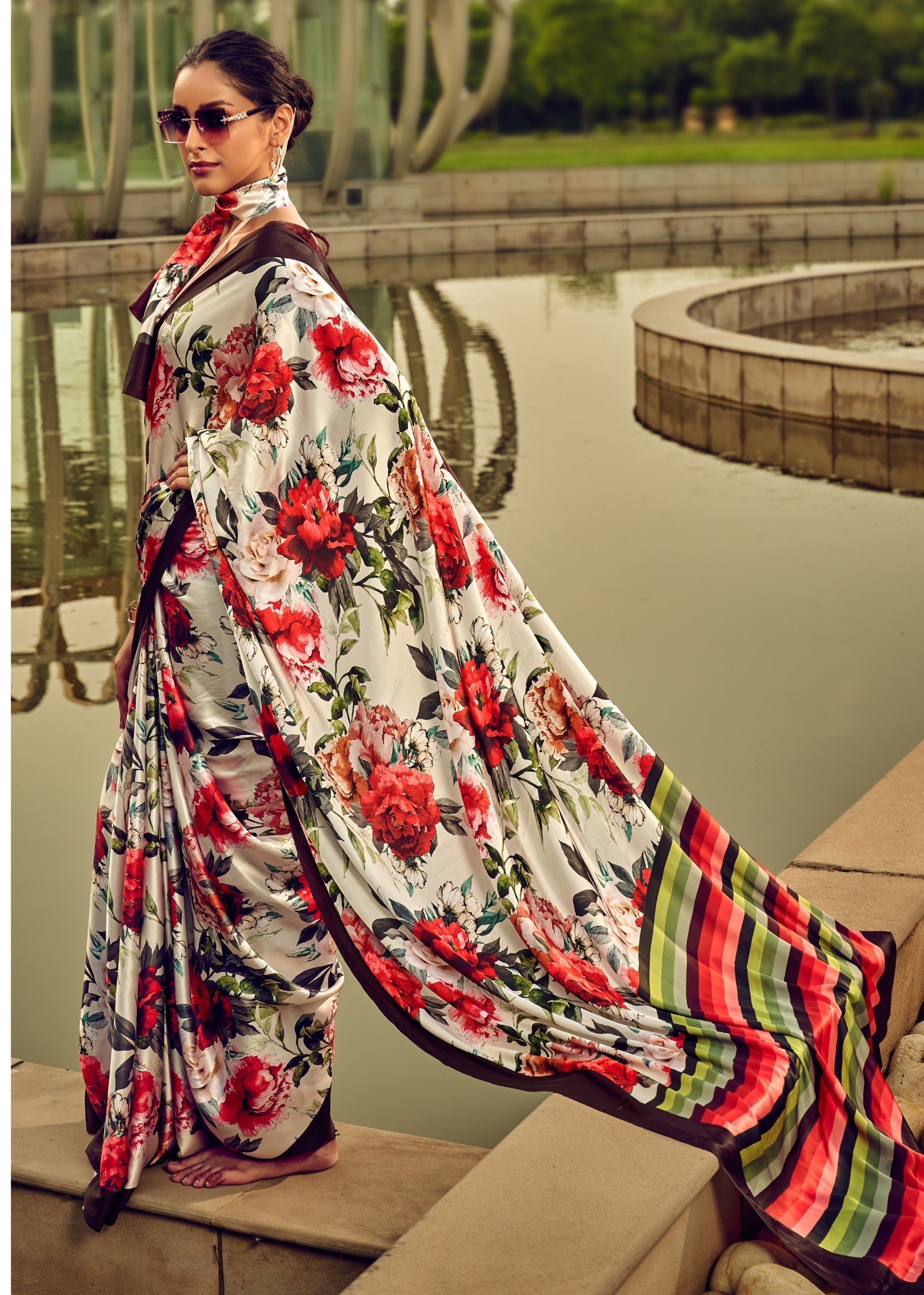Flower Satin Digital Printed Saree - qivii