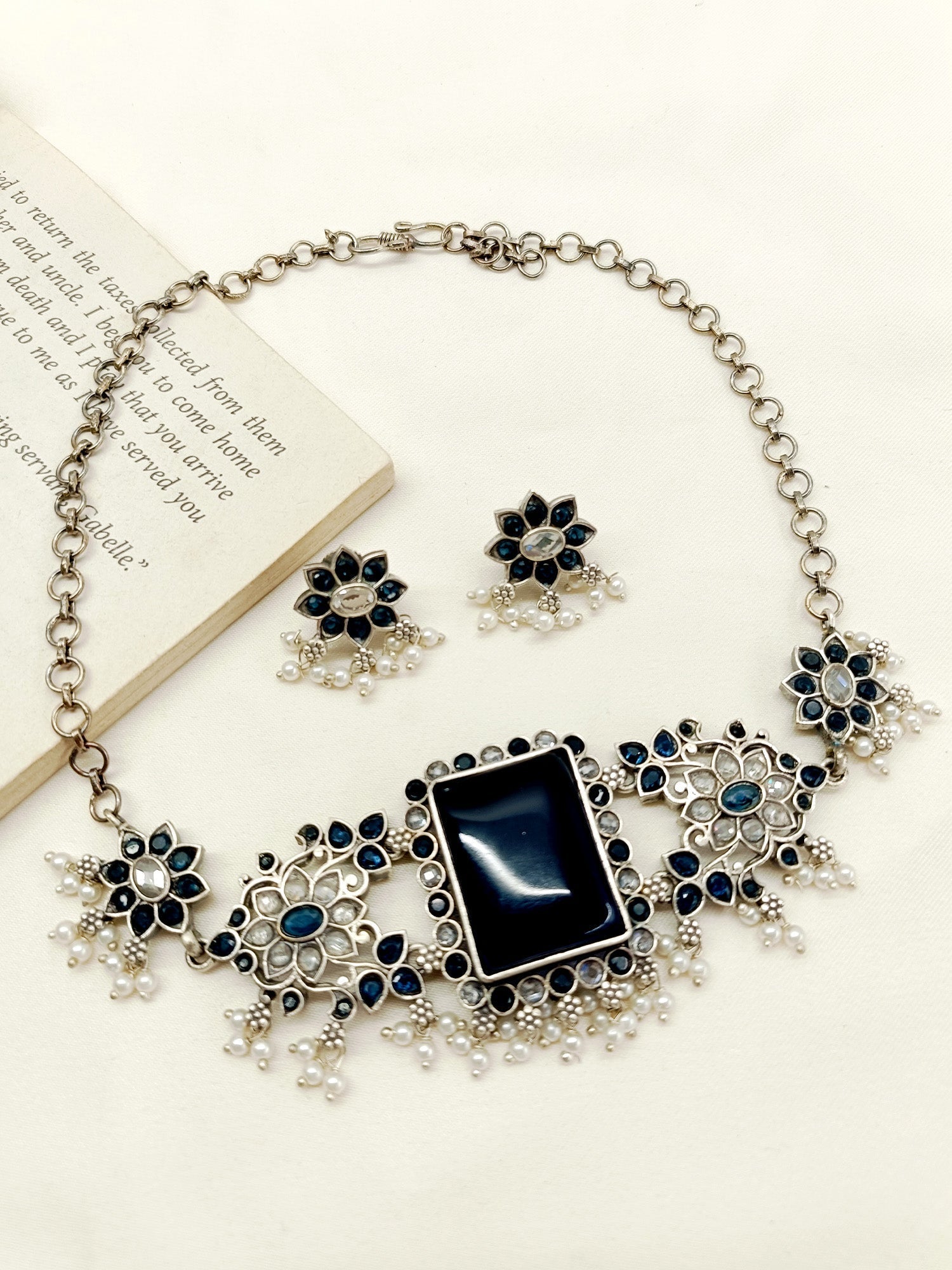 Sharvya Navy Blue Oxidized Choker Set - qivii