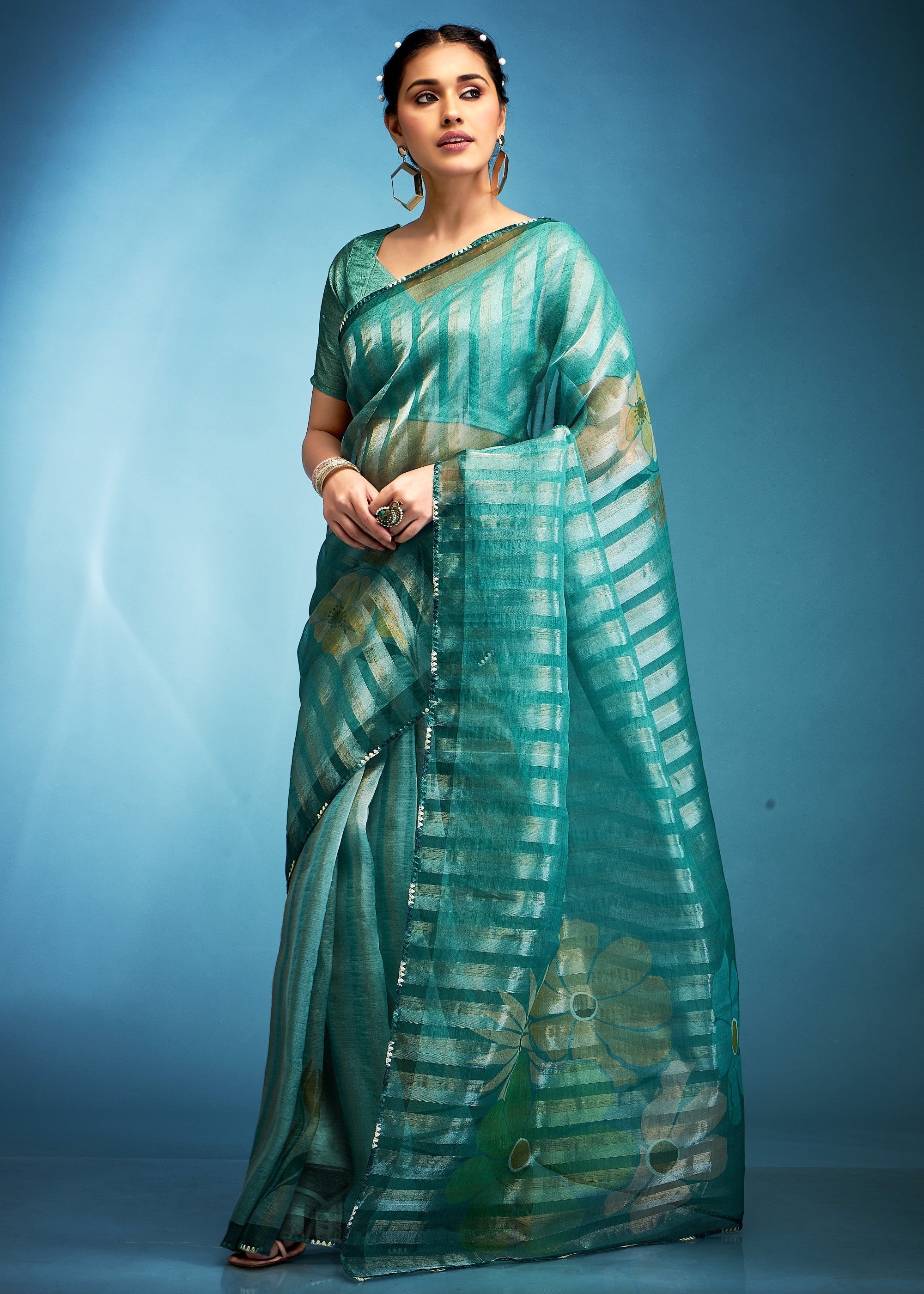 Jade Green Tissue Silk Saree With Floral Print - qivii