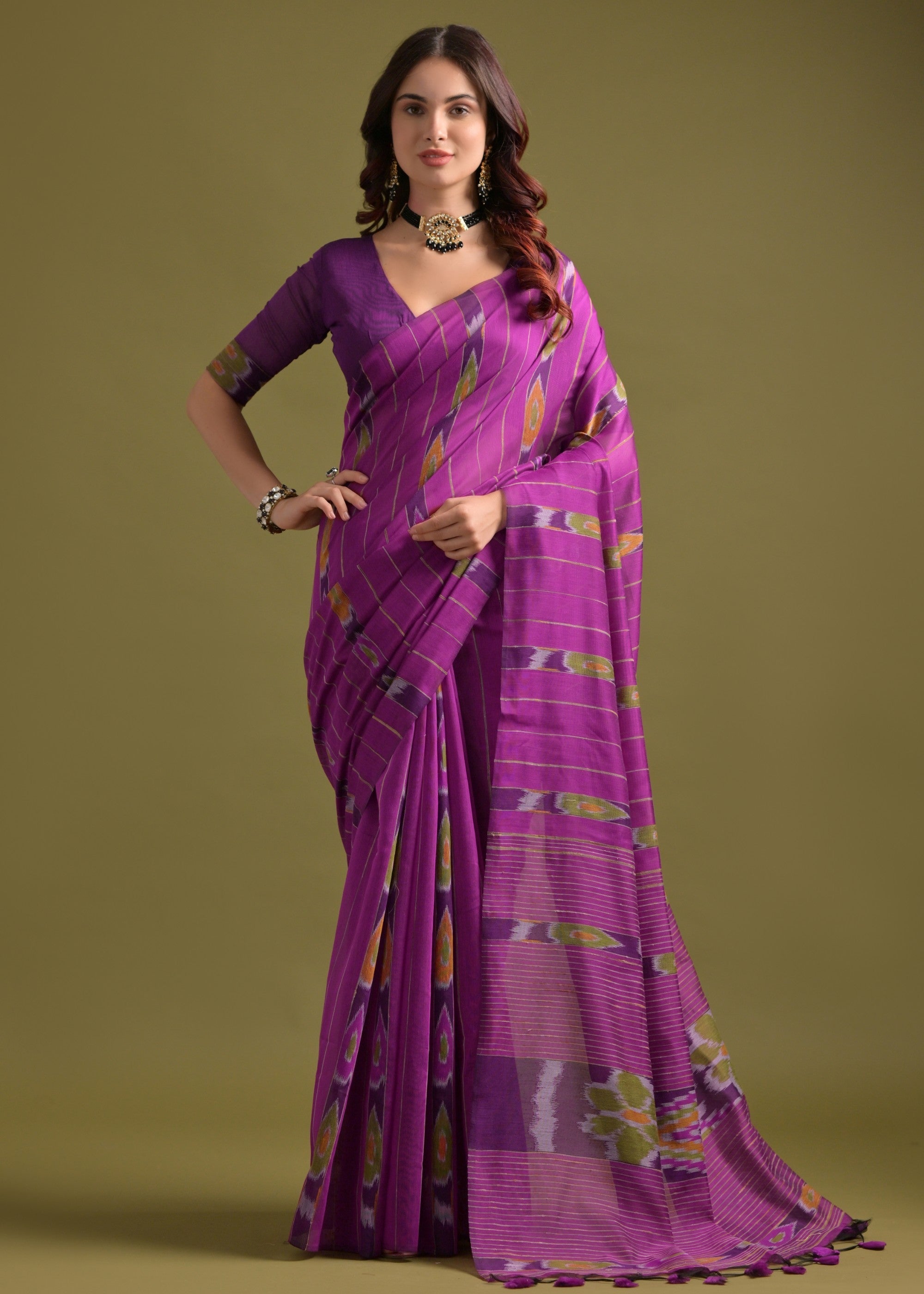 Ultra Pink Soft Ikkat Cotton Printed Saree - qivii