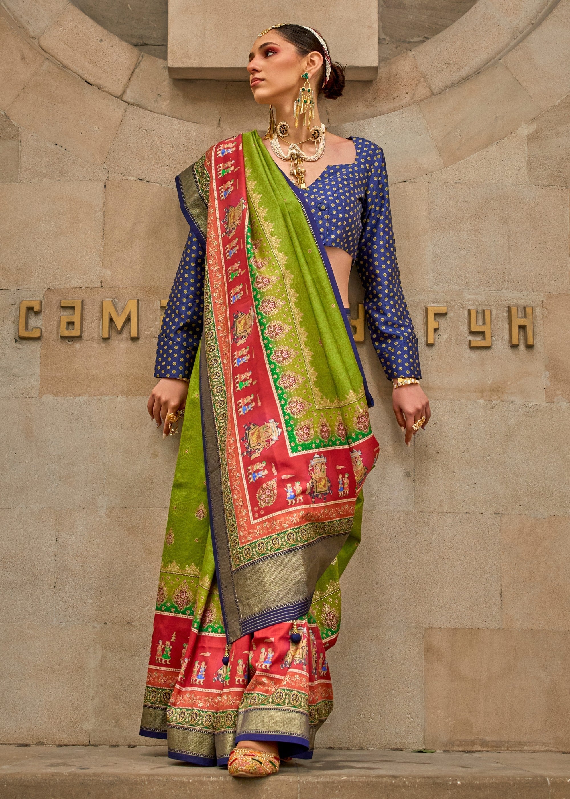 Chartreuse Green Poly Viscose Silk Saree With Foil Print - qivii