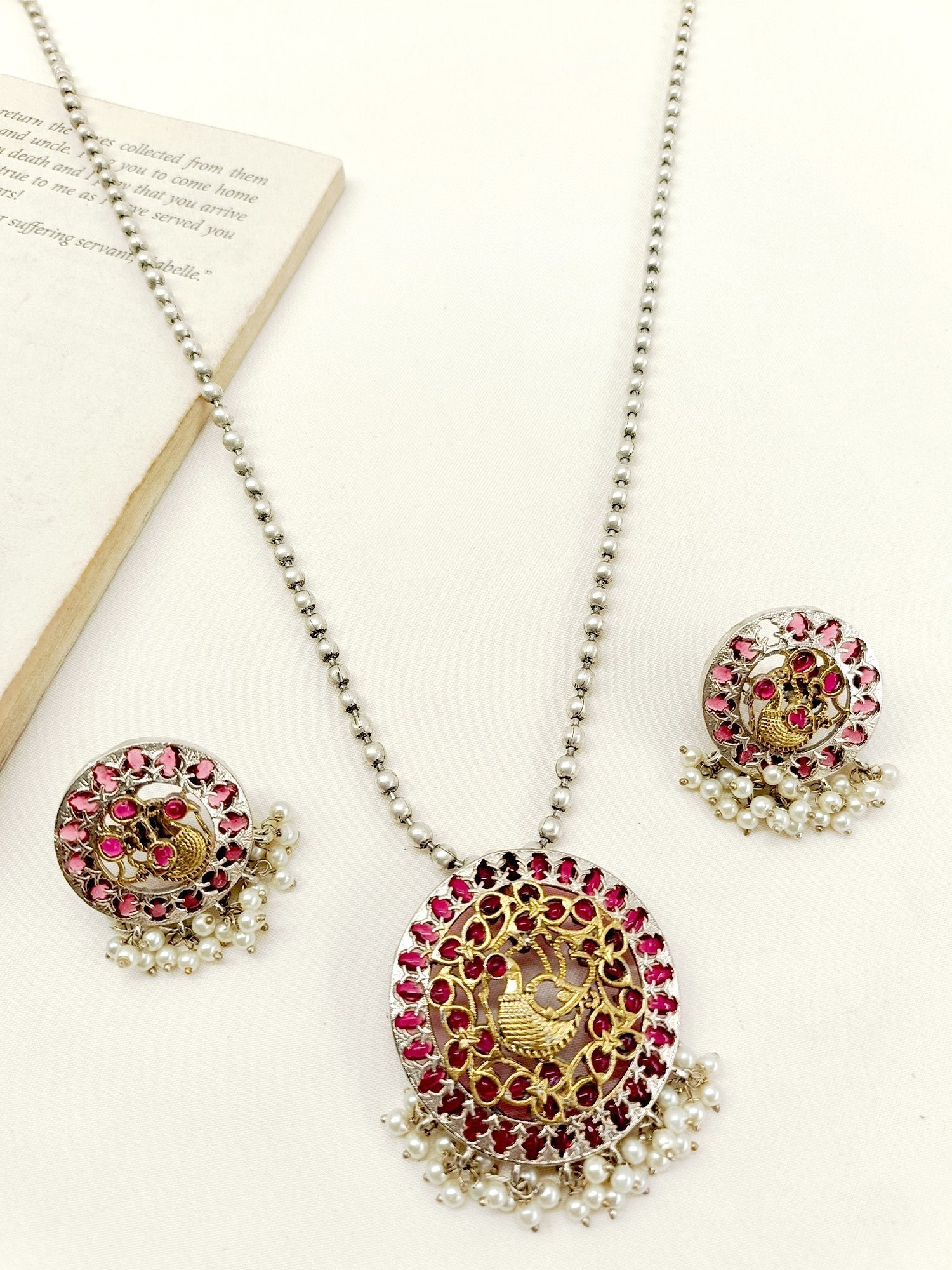 Ruhina Maroon Oxidized Pendant Set - qivii