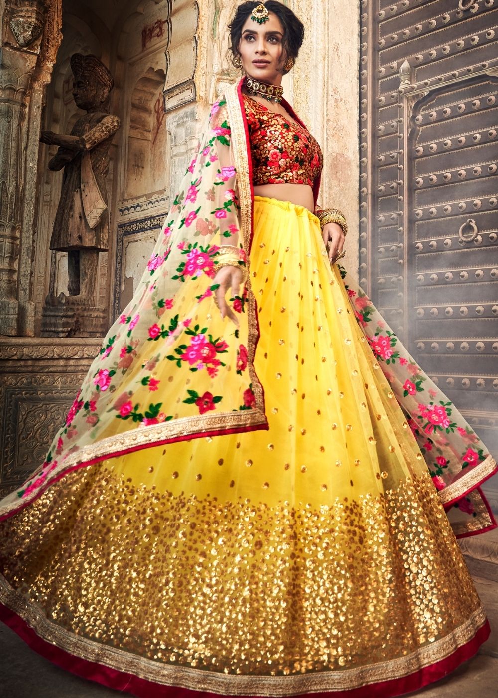 Electric Yellow Soft Net Lehenga Choli with Sequins,Thread & Zari work | Ready To Wear - qivii