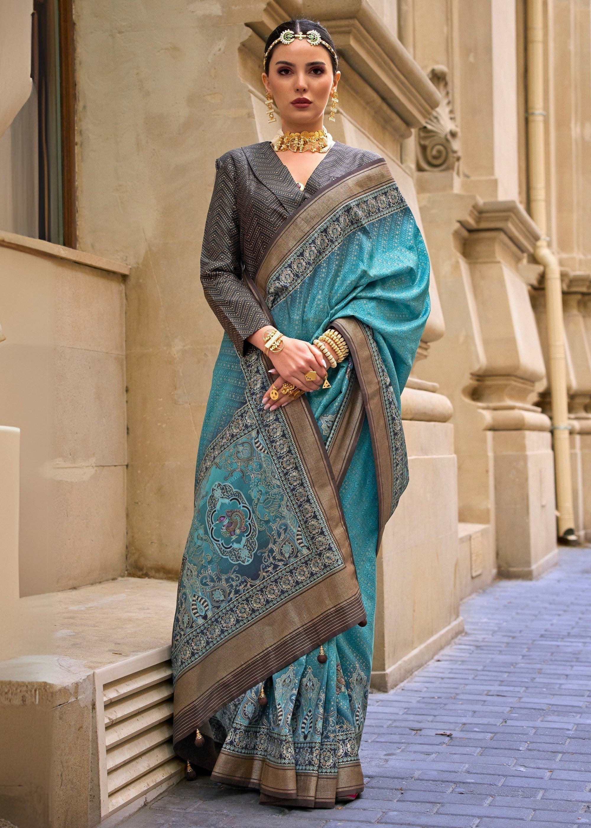 Sapphire Blue Poly Viscose Silk Saree With Foil Print - qivii