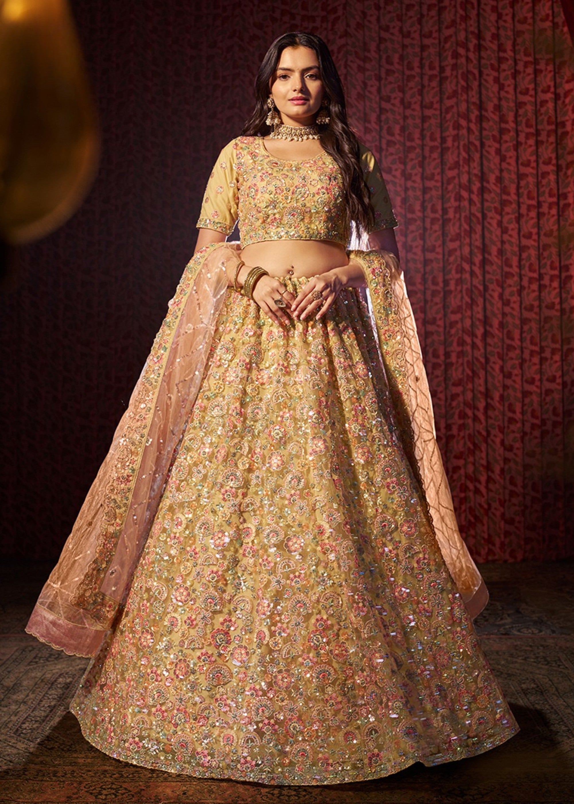 Beige Sequins Thread work Net Lehenga | Ready To Wear - qivii