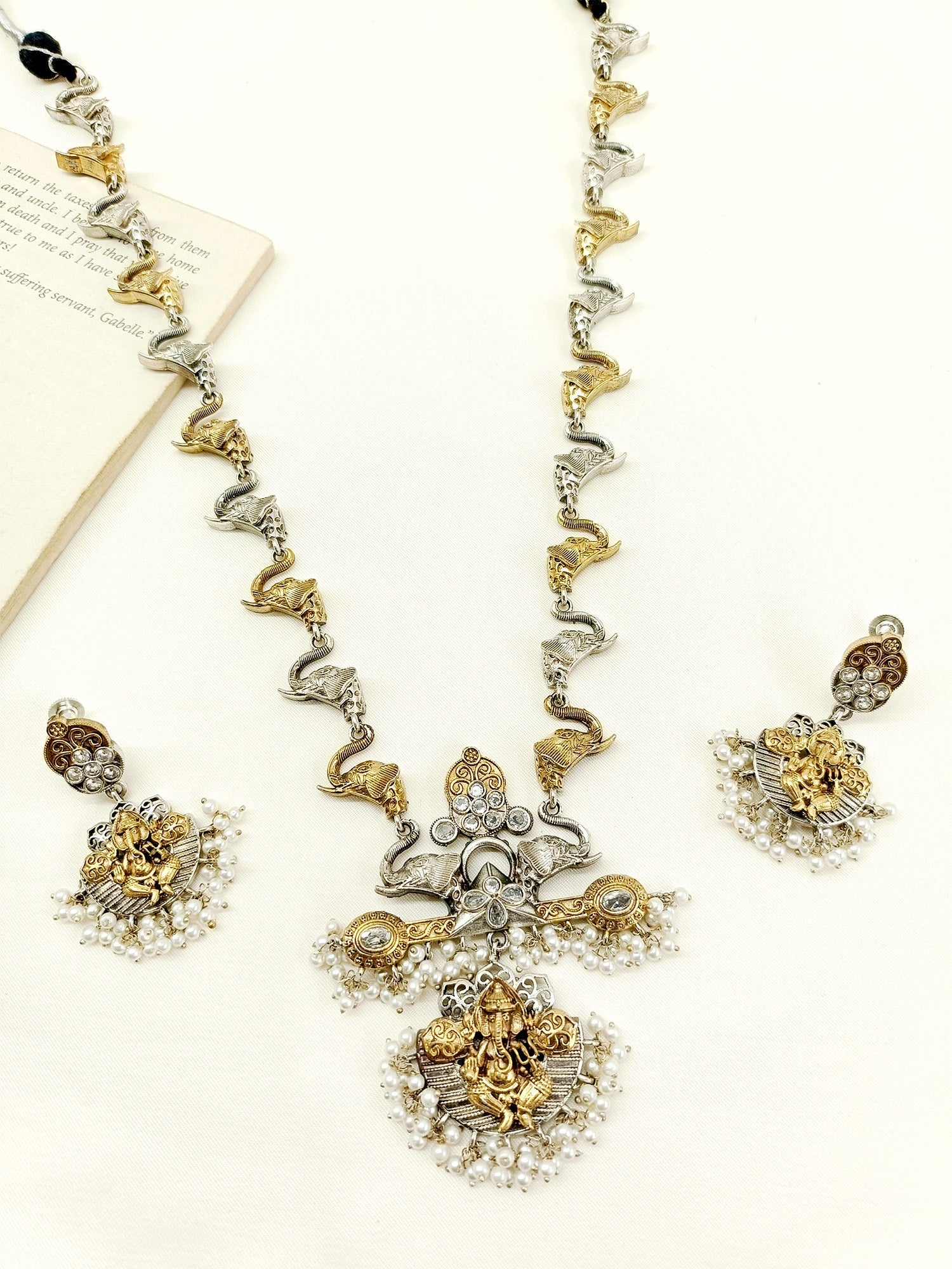 Mehale White Long Oxidized Pendant Set - qivii