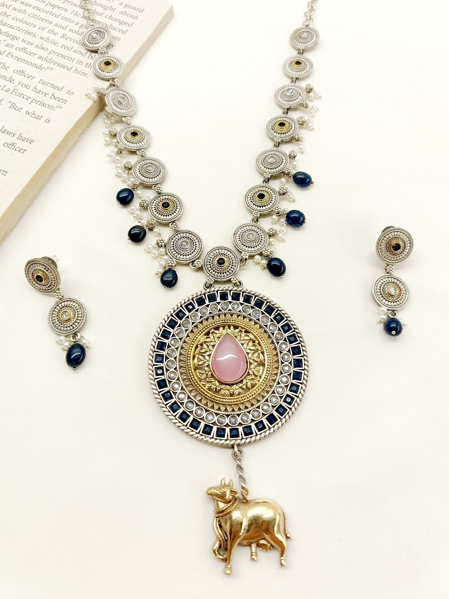 Kendall Pink Long Oxidized Necklace Set - qivii