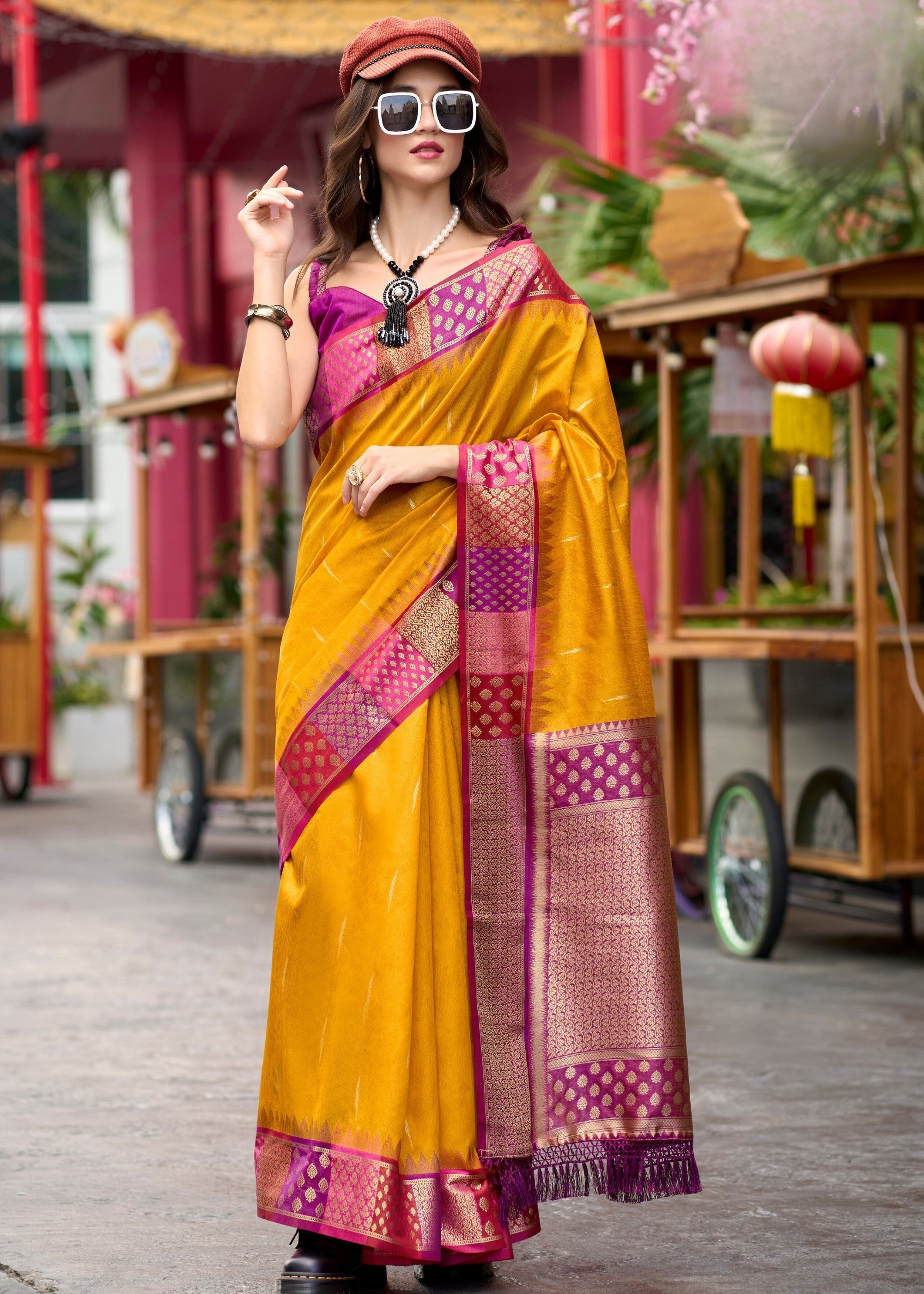Chrome Yellow Banarasi Silk Saree With Beautiful Contrast Border - qivii