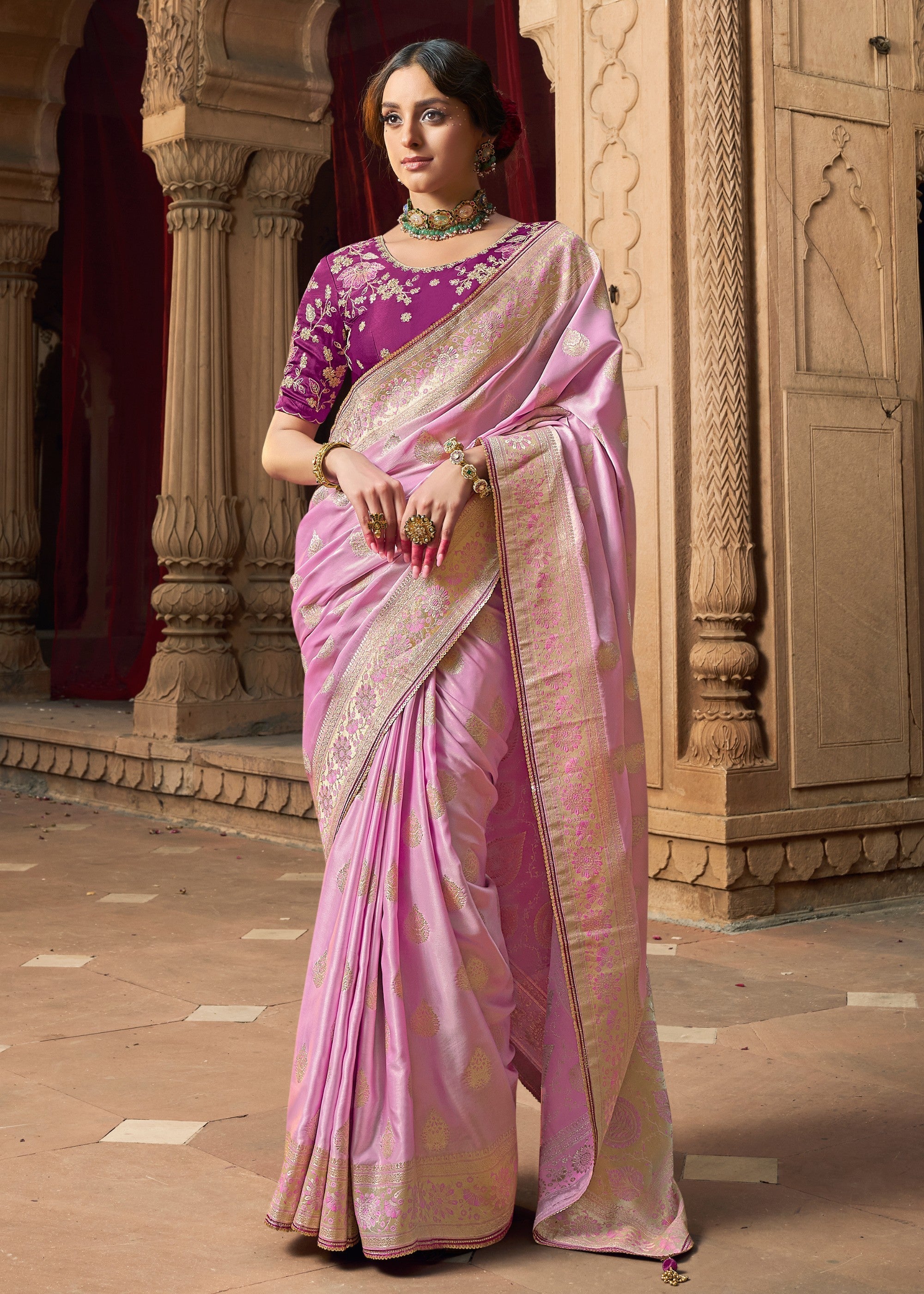 Neon Pink Satin Silk Saree With Beautiful Lace Border And Heavy Designer Embroidered Blouse - qivii