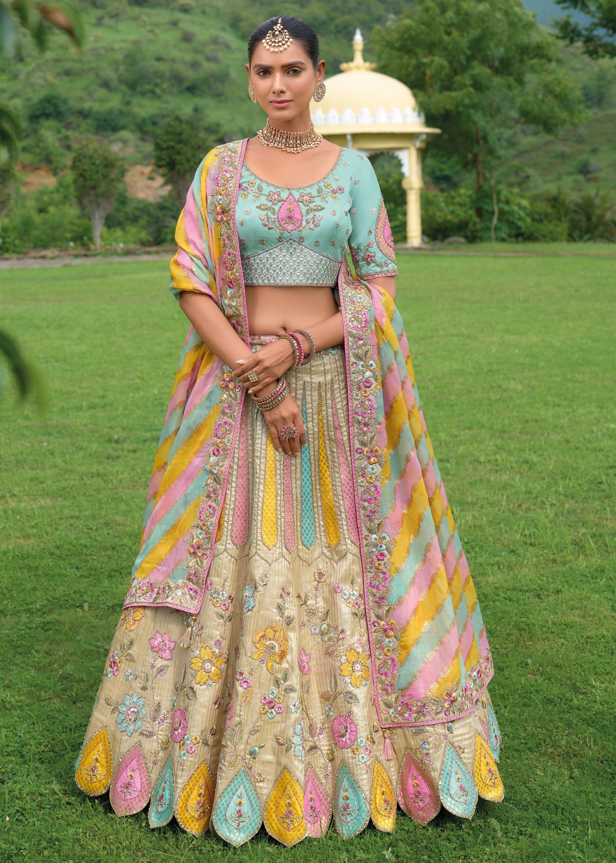 Sand Brown Banarasi Silk Lehenga With Heavy Embroidery Work | Ready To Wear - qivii