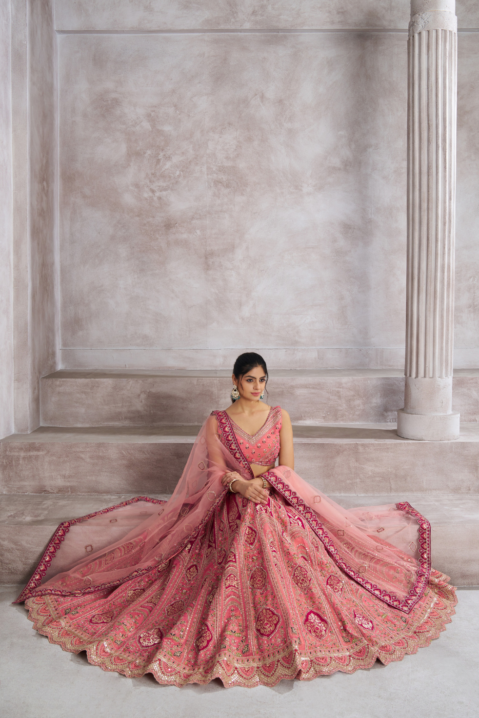 Pink Aari Embroidered Banarasi Wedding Lehenga - qivii