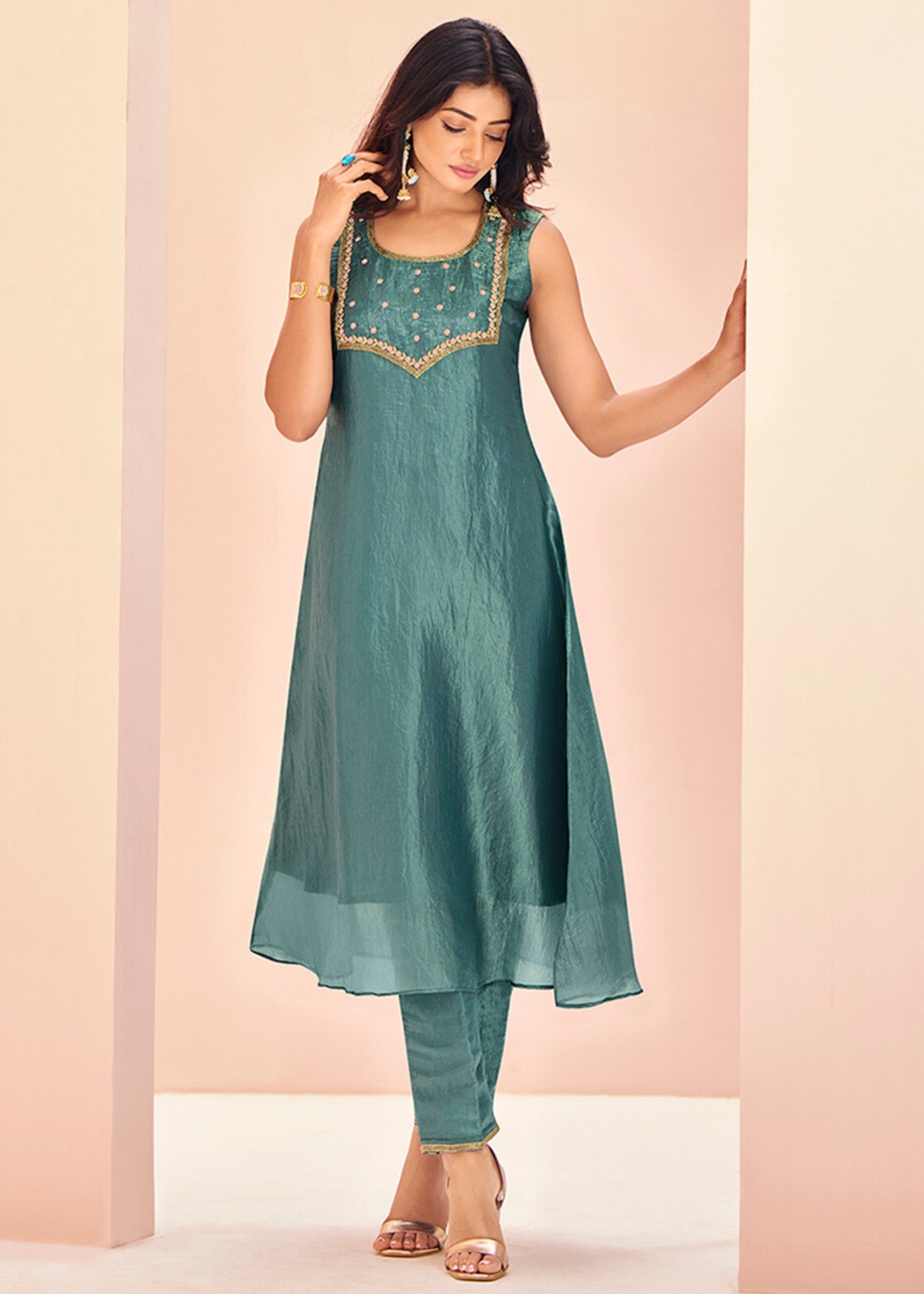 Aqua Organza Handwork Kurta with Pant - qivii