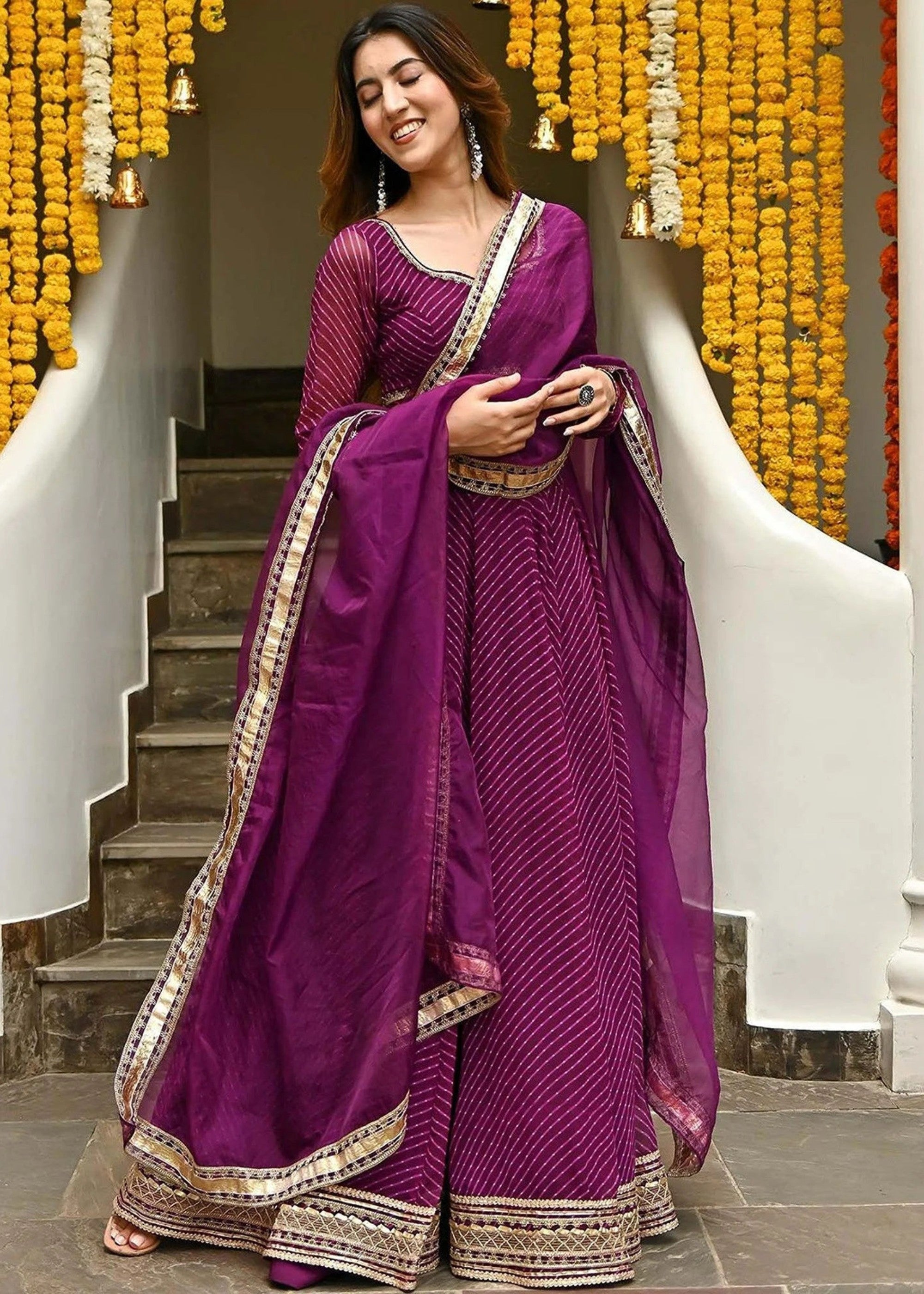 Grape Purple Georgette Leheriya Print Lehenga With Zari And Lace Work | Ready To Wear - qivii