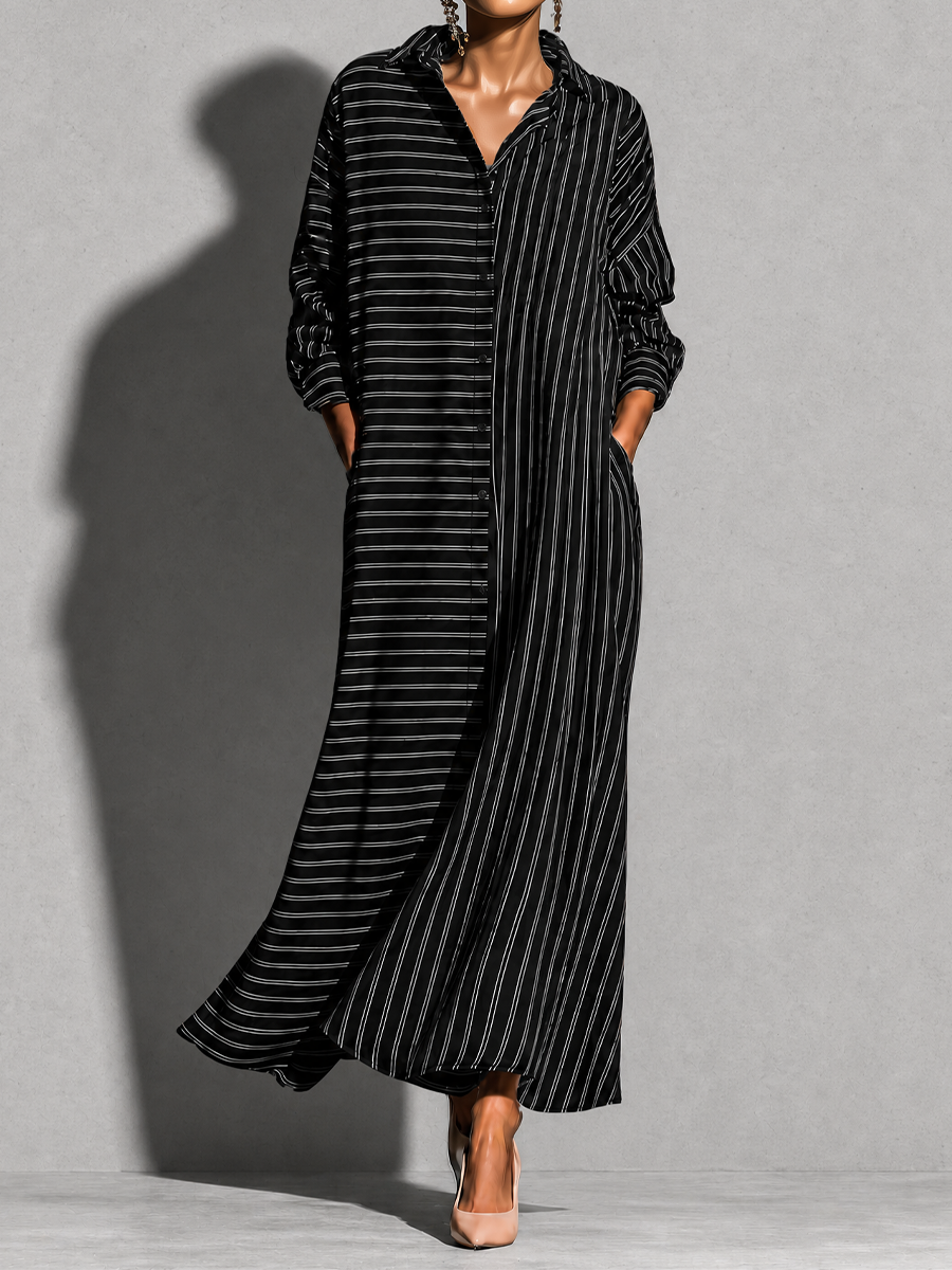Women's Striped Long Sleeve Button-Up Shirt Maxi Dress MDZ1895H8YZJ